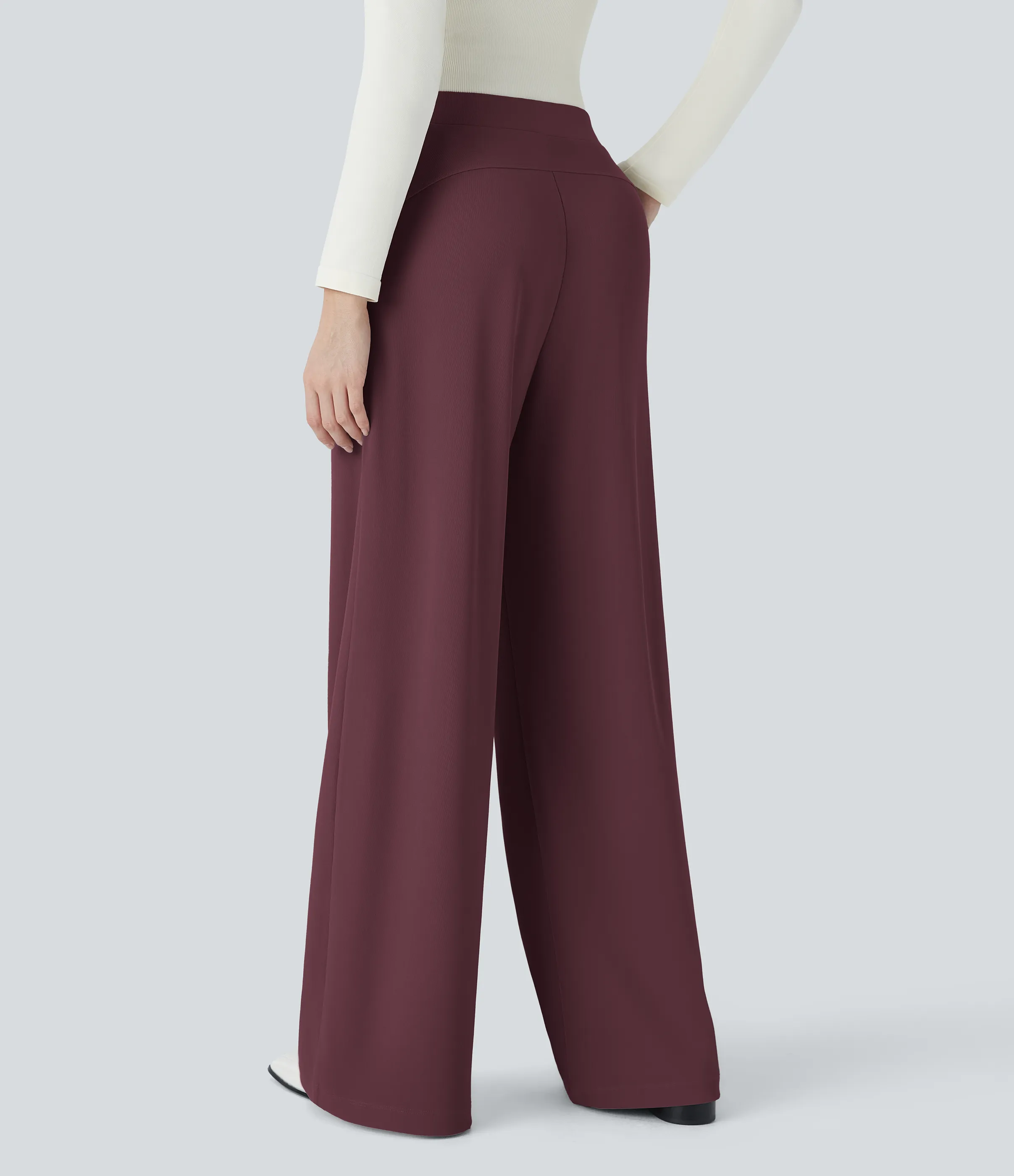 Halara Pantalón Halara Flex™ oficina tiro alto control abdomen adelgazan tiro bolsillo lateral pierna ancha micro gofre - Evening Red - XS(expetite) sold by Halara product image thumbnail 3