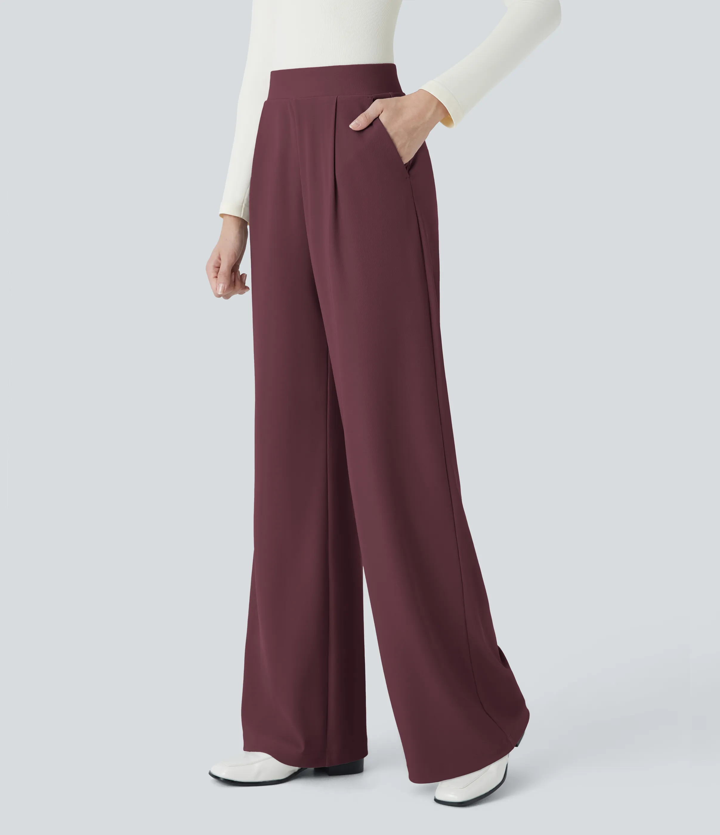 Halara Pantalón Halara Flex™ oficina tiro alto control abdomen adelgazan tiro bolsillo lateral pierna ancha micro gofre - Evening Red - XS(expetite) sold by Halara product image thumbnail 4