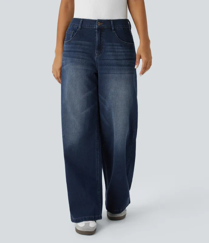 Halara Jeans Baggy Halara Flex™ Denim tiro bajo botón cremallera múltiple bolsillo elástico lavado holgado pierna ancha - Distressed Denim Dark Blue - S(regular) sold by Halara