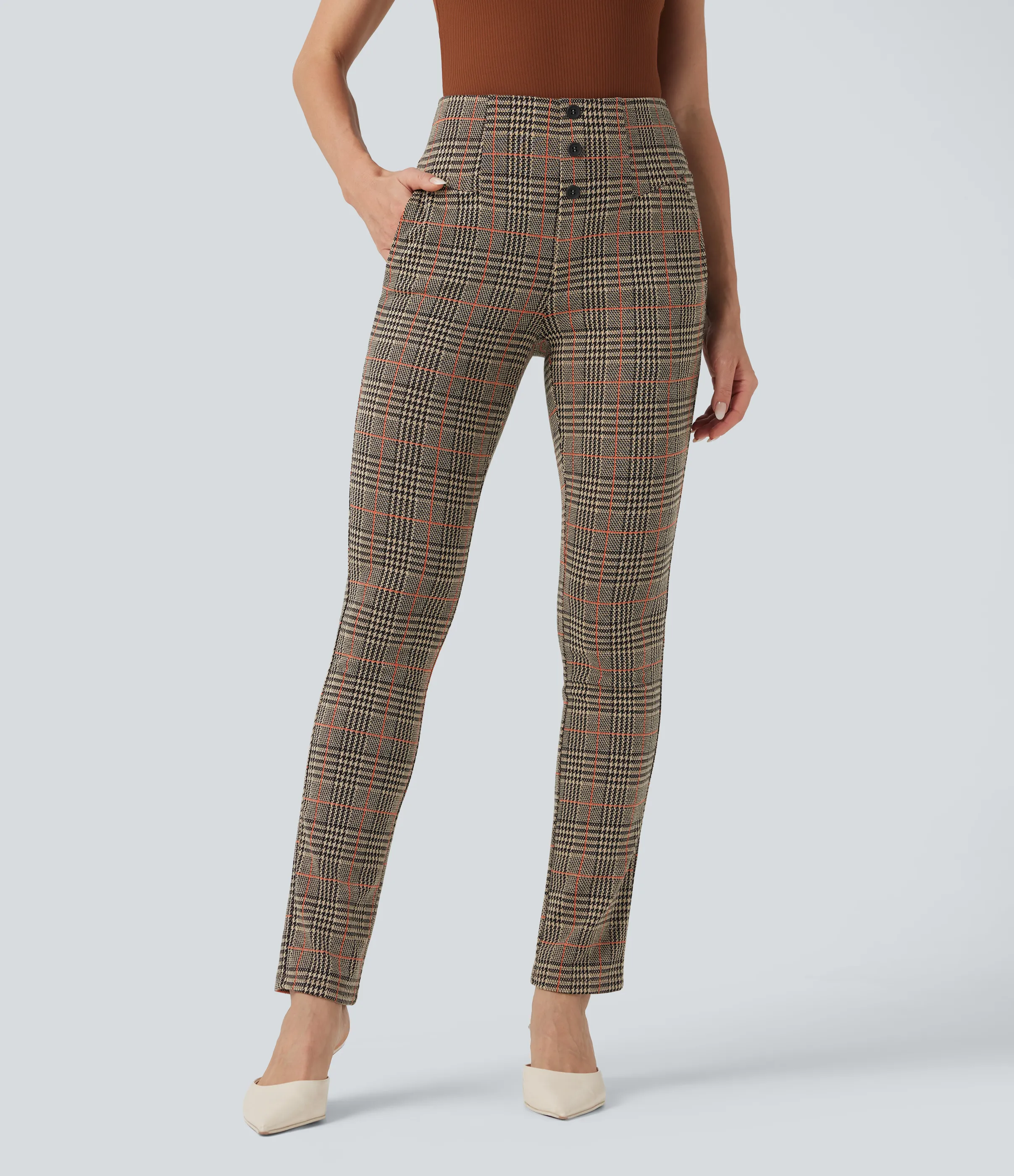 Halara Pantalón Halara Flex™ oficina ajustado pata gallo bolsillo lateral botón decorativo tiro alto - Desert Houndstooth Pattern - S(regular) sold by Halara product image thumbnail 2