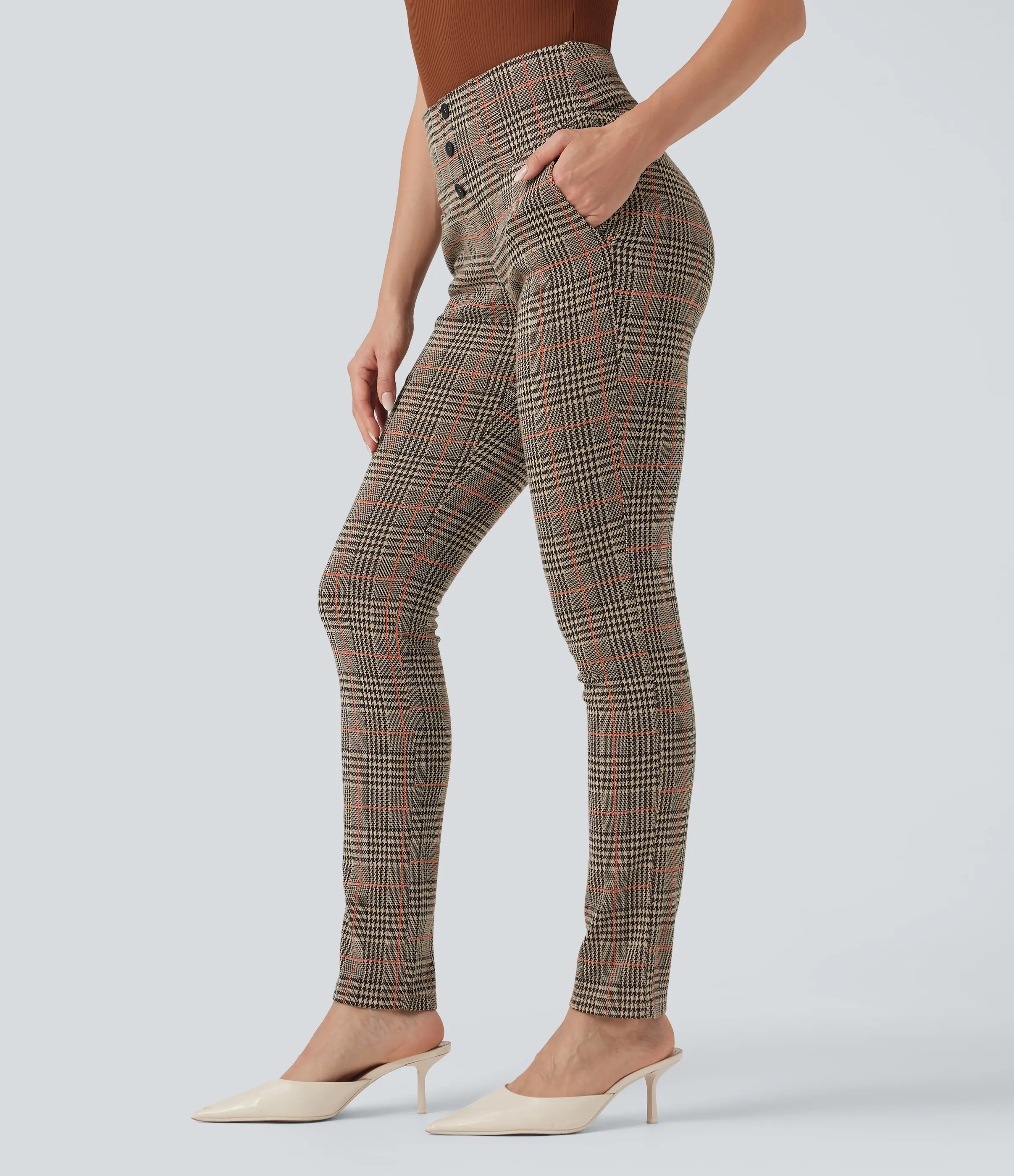 Halara Pantalón Halara Flex™ oficina ajustado pata gallo bolsillo lateral botón decorativo tiro alto - Desert Houndstooth Pattern - S(regular) sold by Halara product image thumbnail 4