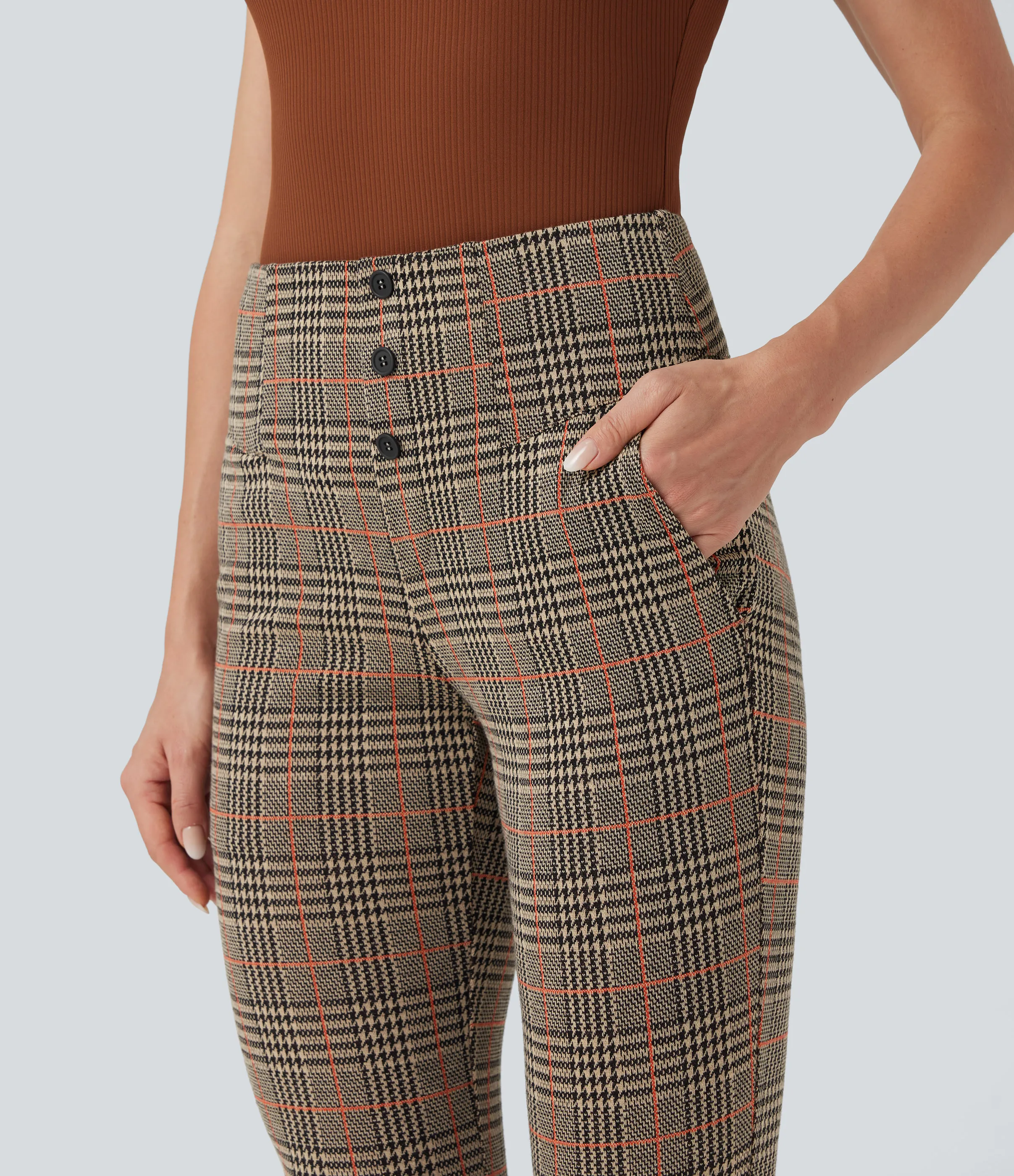 Halara Pantalón Halara Flex™ oficina ajustado pata gallo bolsillo lateral botón decorativo tiro alto - Desert Houndstooth Pattern - S(regular) sold by Halara product image thumbnail 5