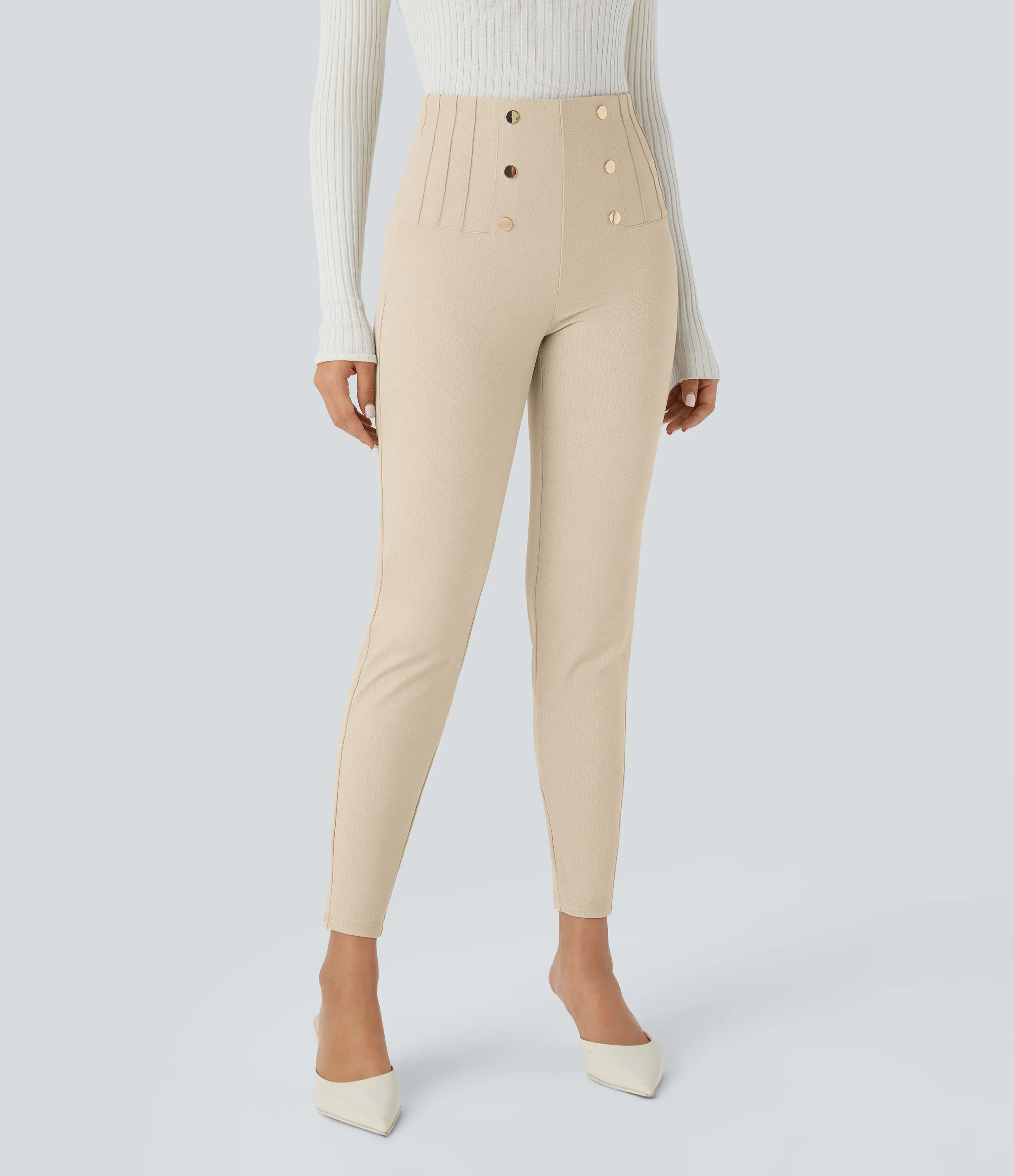 Halara Leggings SoCinched oficina espiga botón decorativo posterior control abdomen tiro alto - Earthy Brown - L(7/8) sold by Halara product image thumbnail 4