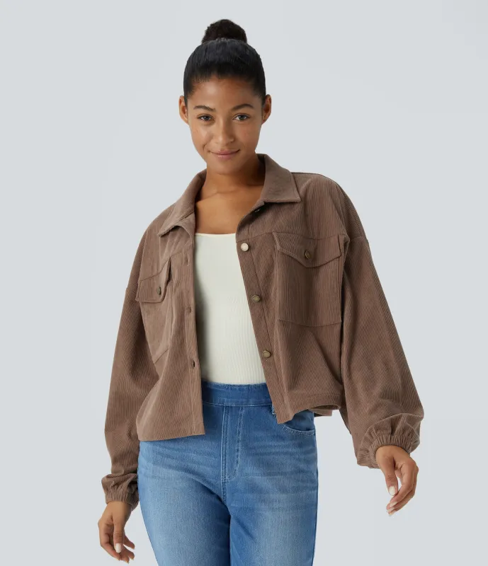 Halara Chaqueta pana cuello botón manga larga bolsillo pecho - Cocoa Brown - XL sold by Halara