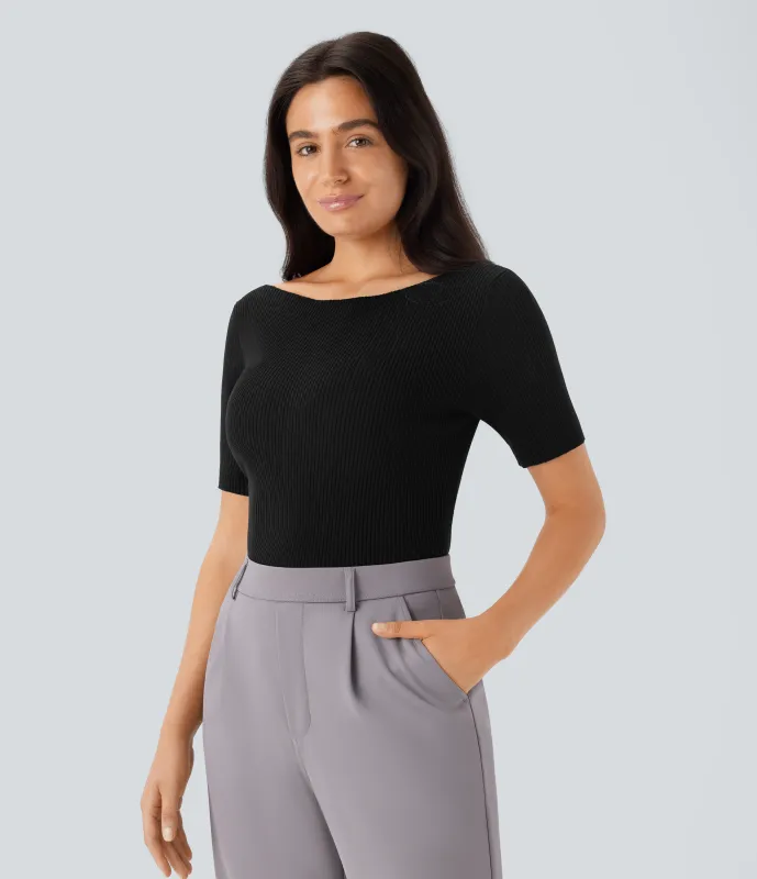 Halara Suéter oficina ajustado manga corta cuello barco - Black - M sold by Halara