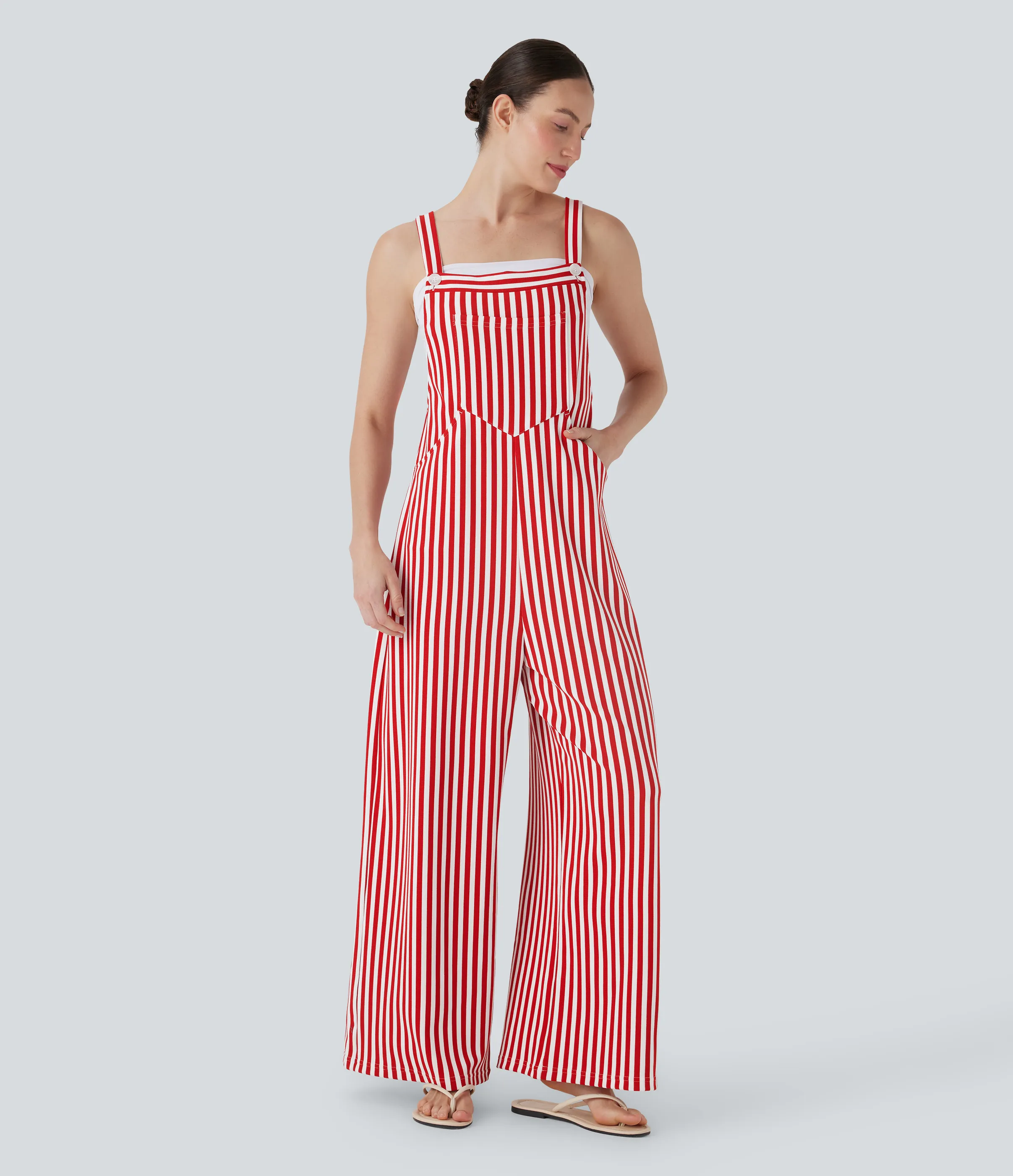 Halara Overol resort gofre raya múltiple bolsillo botón correa ajustable - Crimson Stripes - XS(regular) sold by Halara product image thumbnail 2