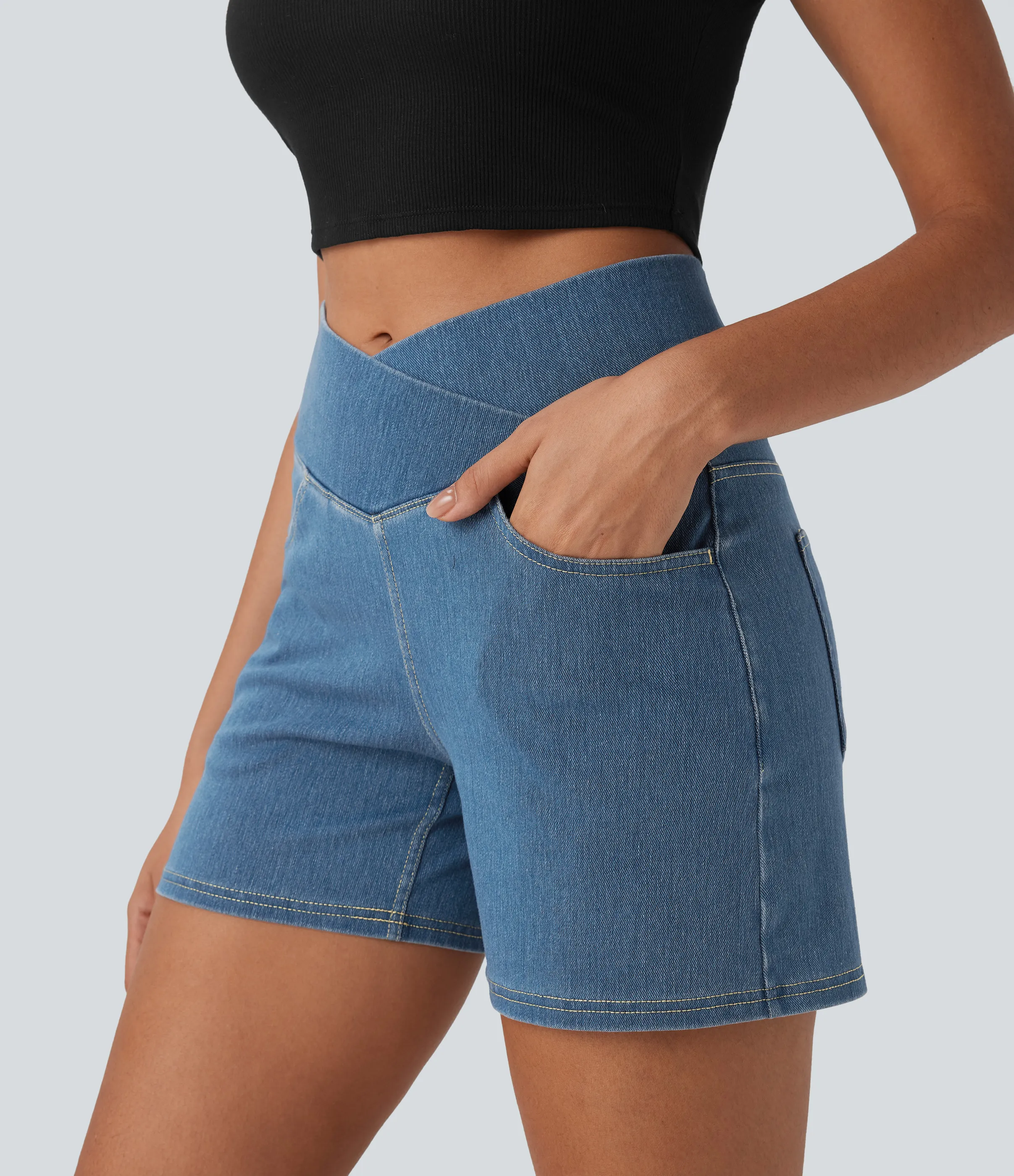 Halara Pantalón corto Halara Flex™ Denim mezclilla elástico lavado tiro alto múltiple bolsillo - Blue Surf Denim - S(regular) sold by Halara product image thumbnail 5