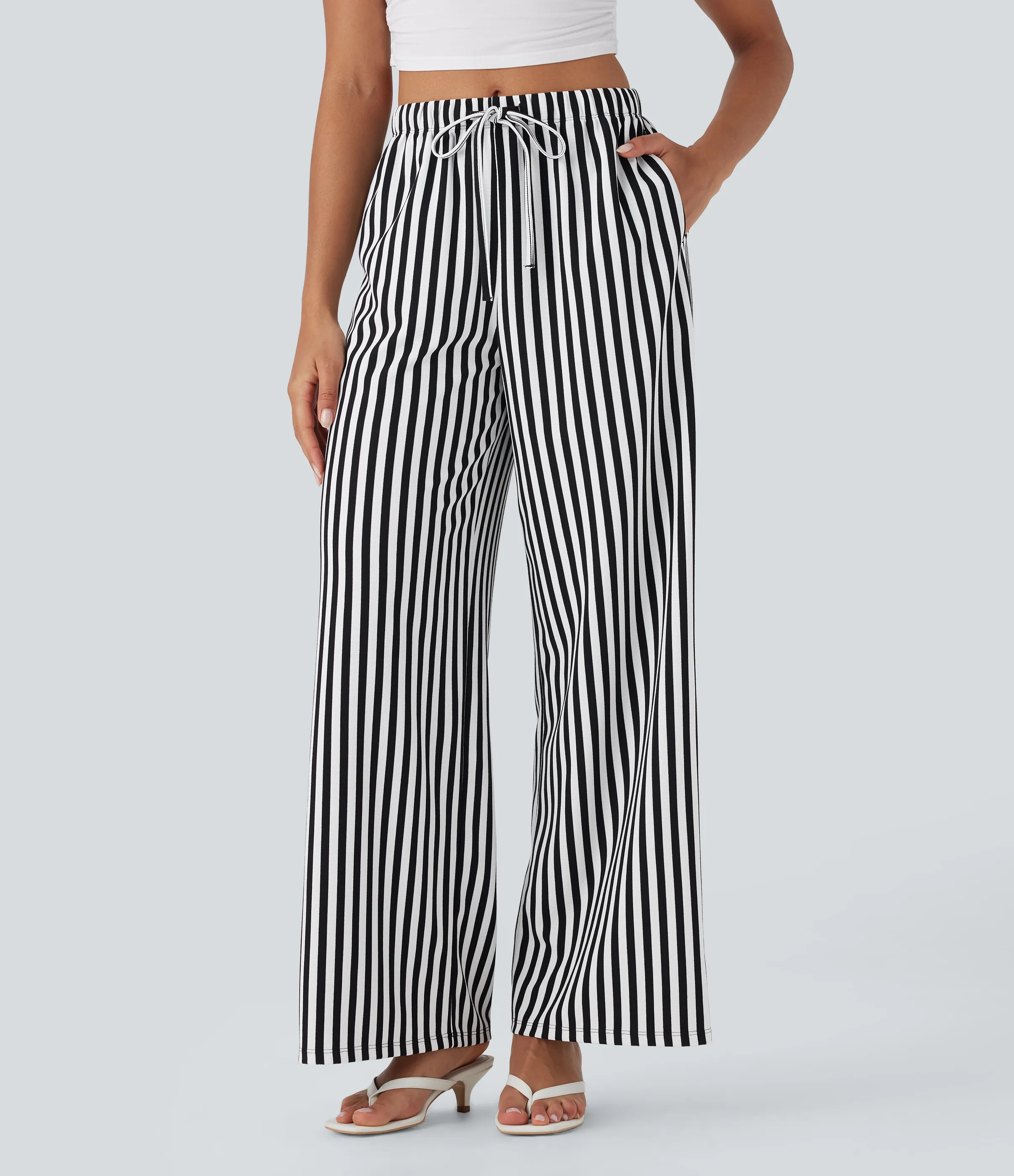 Halara Pantalón pierna ancha tiro alto cordón ajustable raya gofre bolsillo - Black White Horizontal Stripe - M(petite) sold by Halara product image thumbnail 2