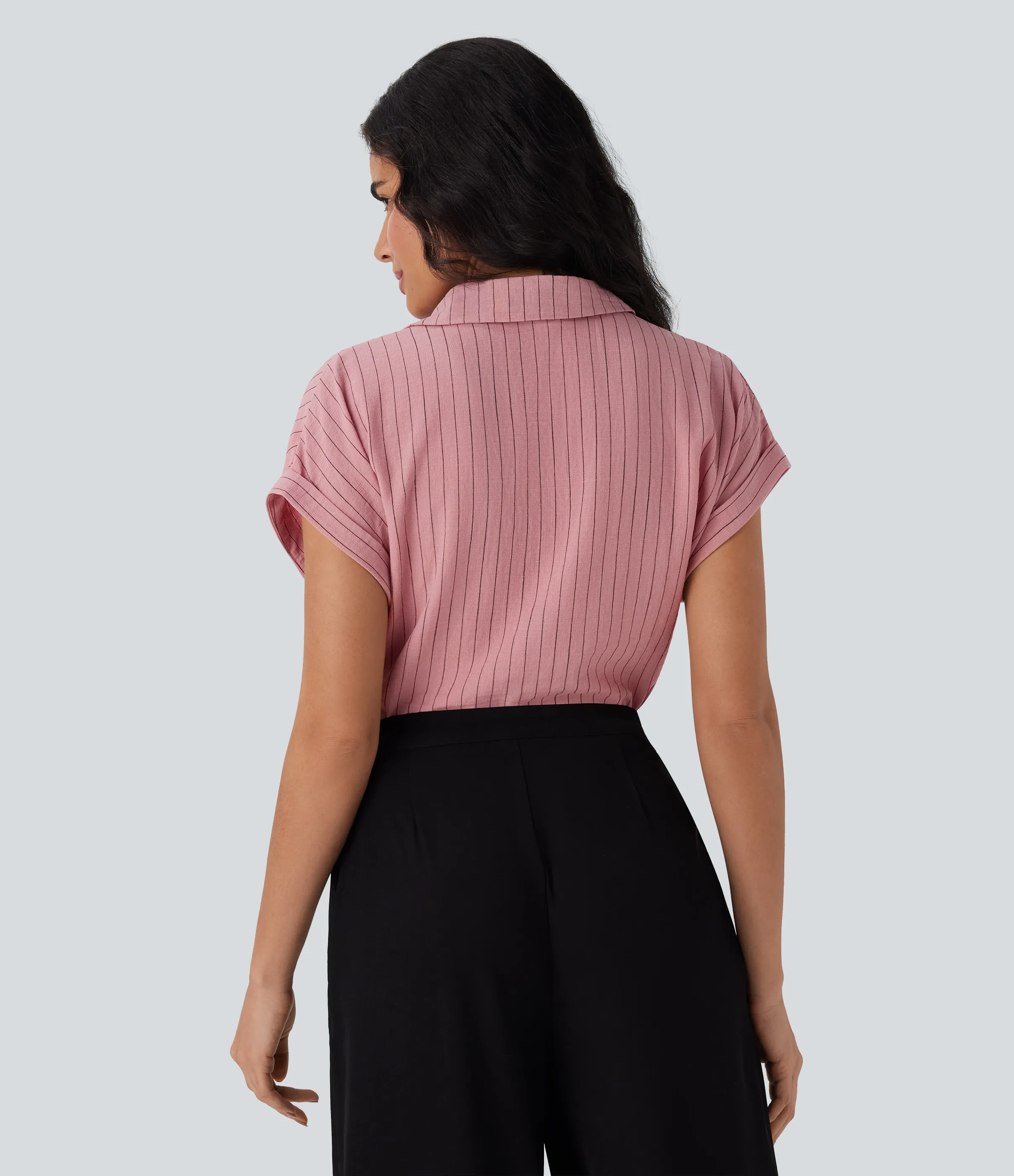 Halara Camisa de lino de oficina a rayas de manga corta con cuello y botones - Candy Pink Black Yarn Dye Stripes - S sold by Halara product image thumbnail 3