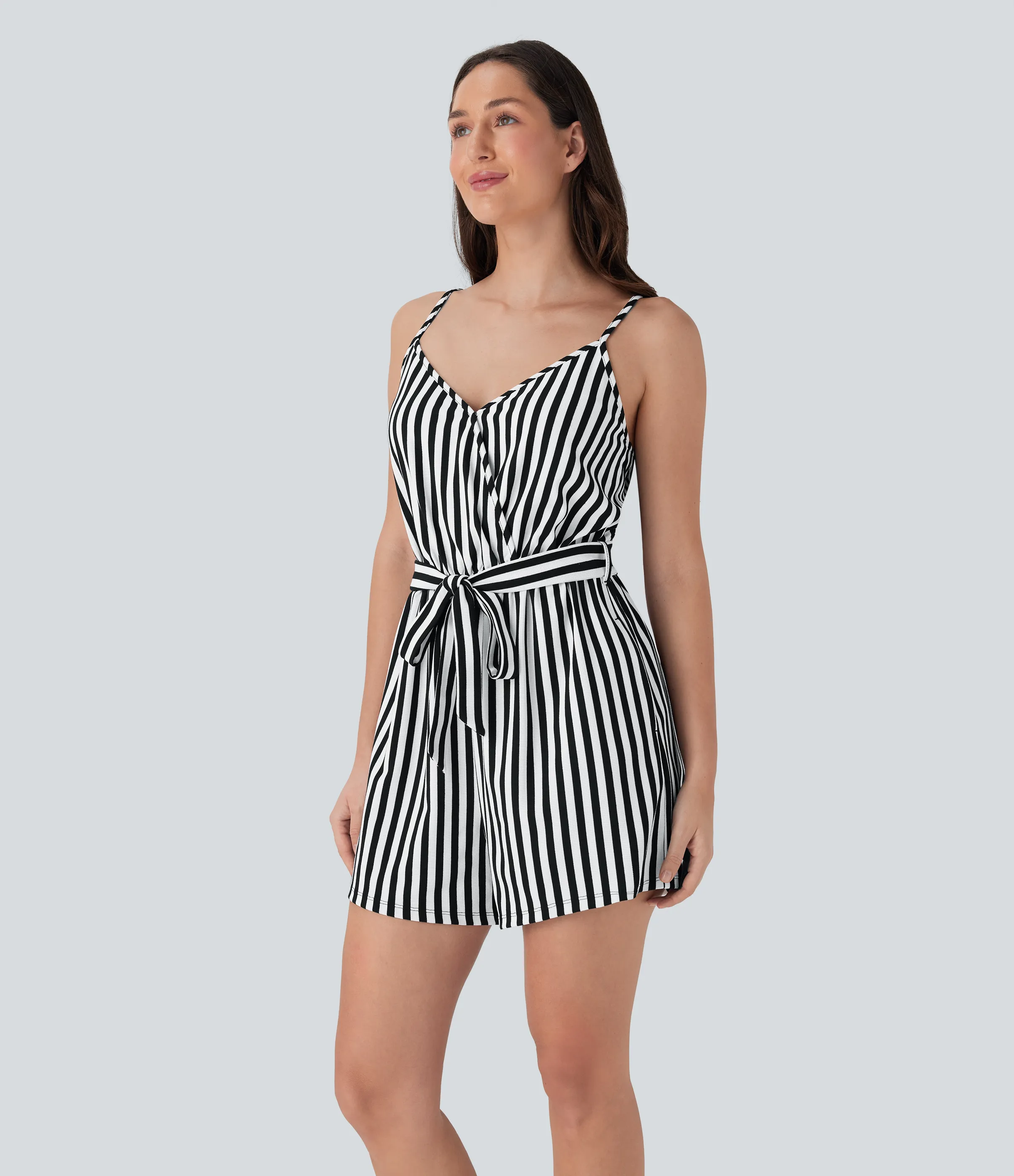 Halara Mono resort raya cinturón botón presión cuello V bolsillo - Black White Horizontal Stripe - S sold by Halara product image thumbnail 5