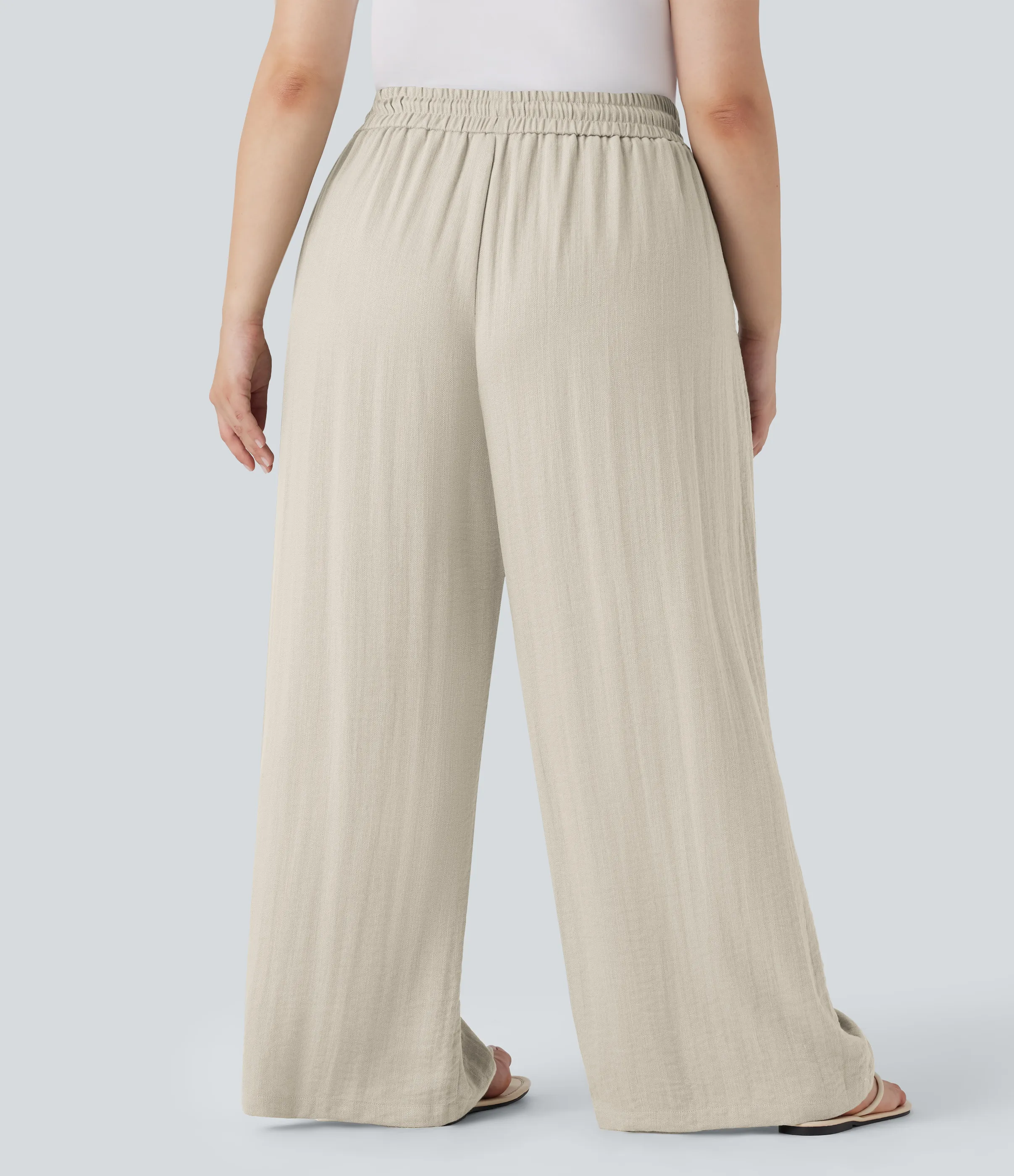 Halara Pantalón lino tiro alto cordón ajustable pierna ancha bolsillo talla grande - Whisper White - 1X(regular) sold by Halara product image thumbnail 3