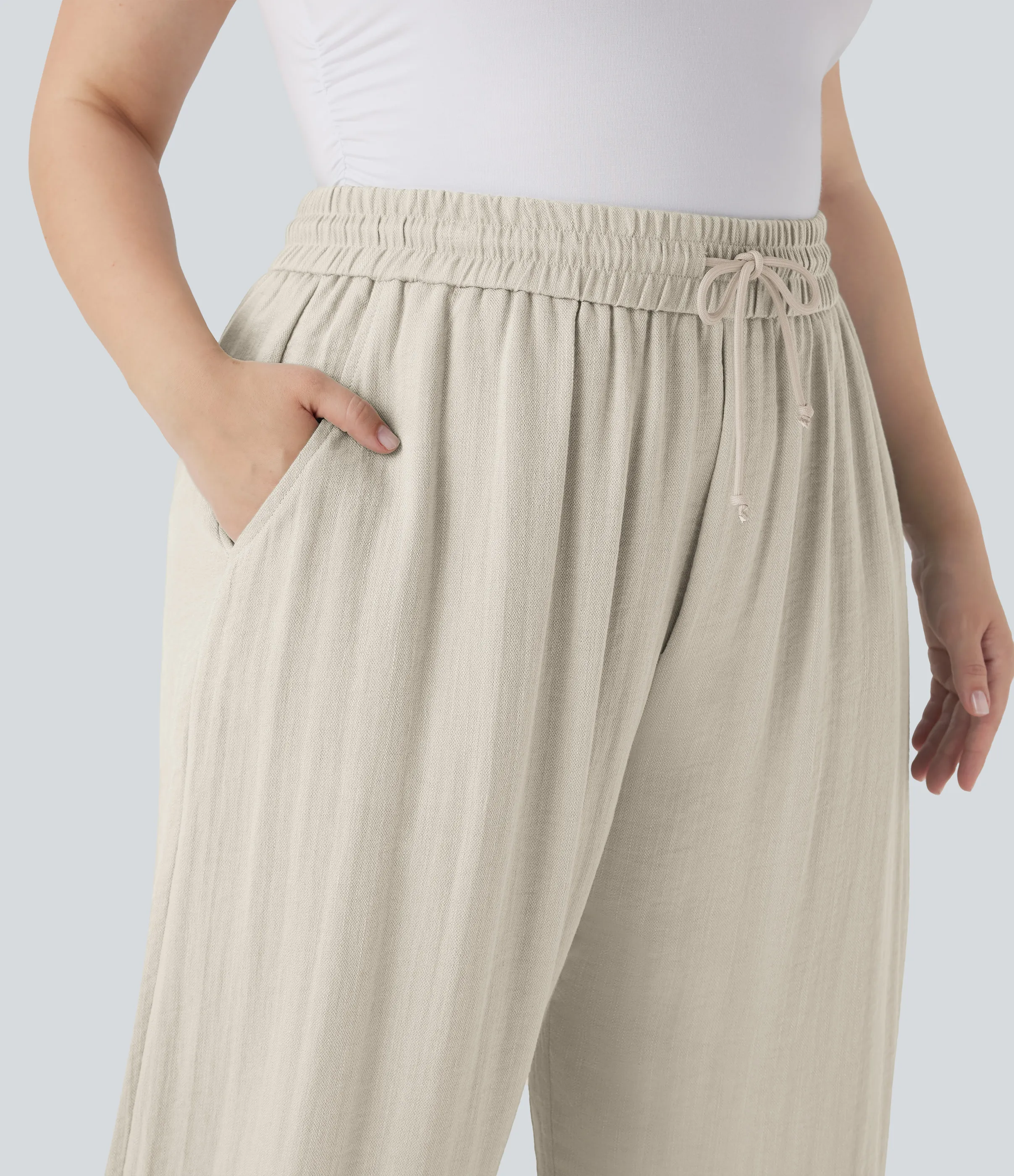 Halara Pantalón lino tiro alto cordón ajustable pierna ancha bolsillo talla grande - Whisper White - 1X(regular) sold by Halara product image thumbnail 5