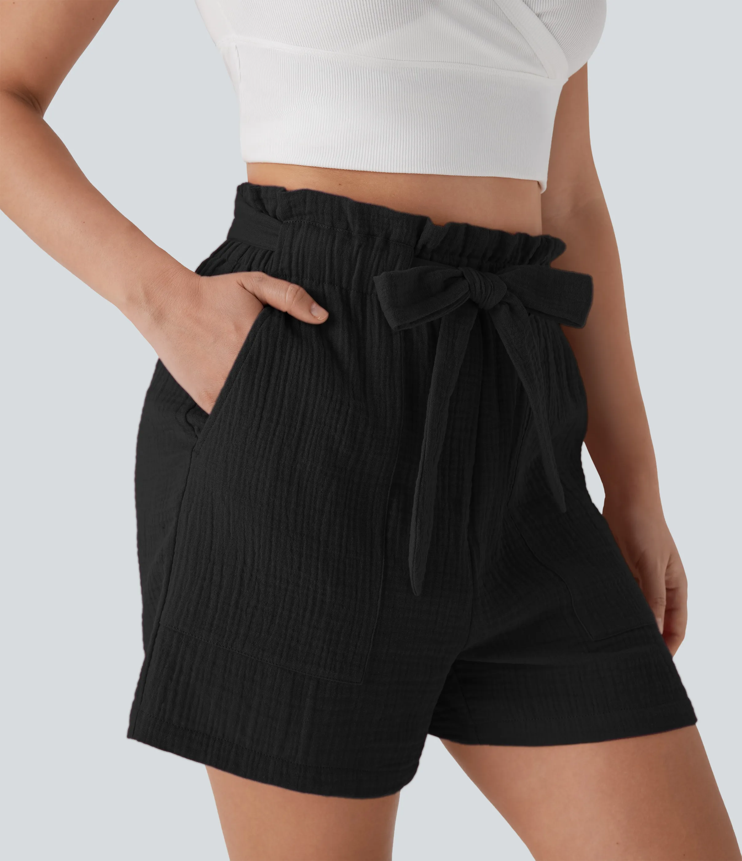 Halara Shorts casuales de algodón con tiro alto y bolsillos estilo paper bag con lazo frontal - Black - XS(regular) sold by Halara product image thumbnail 5