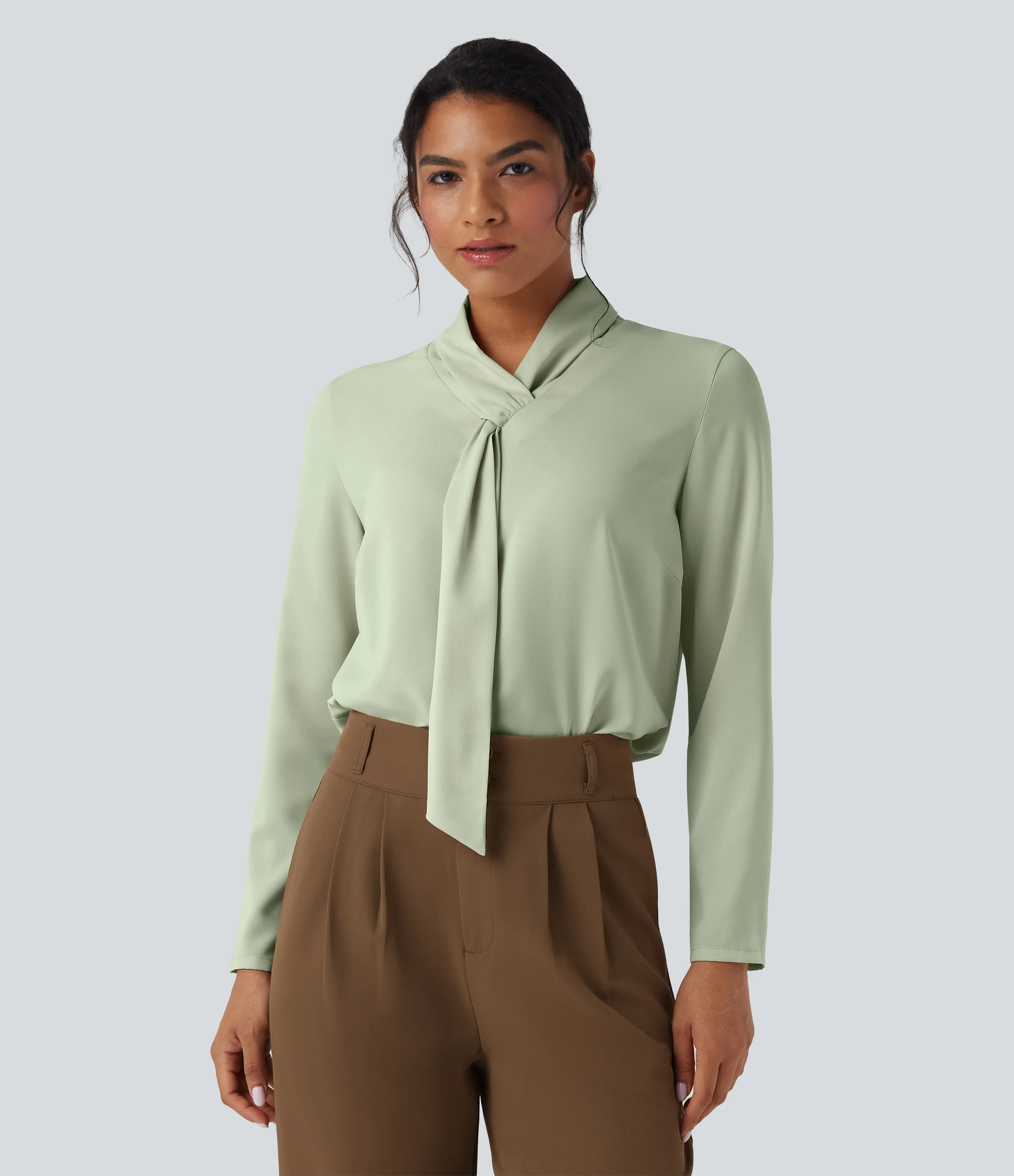 Halara Camisa de oficina de manga larga con cuello de bufanda antiarrugas - Fog Green - S sold by Halara product image thumbnail 2