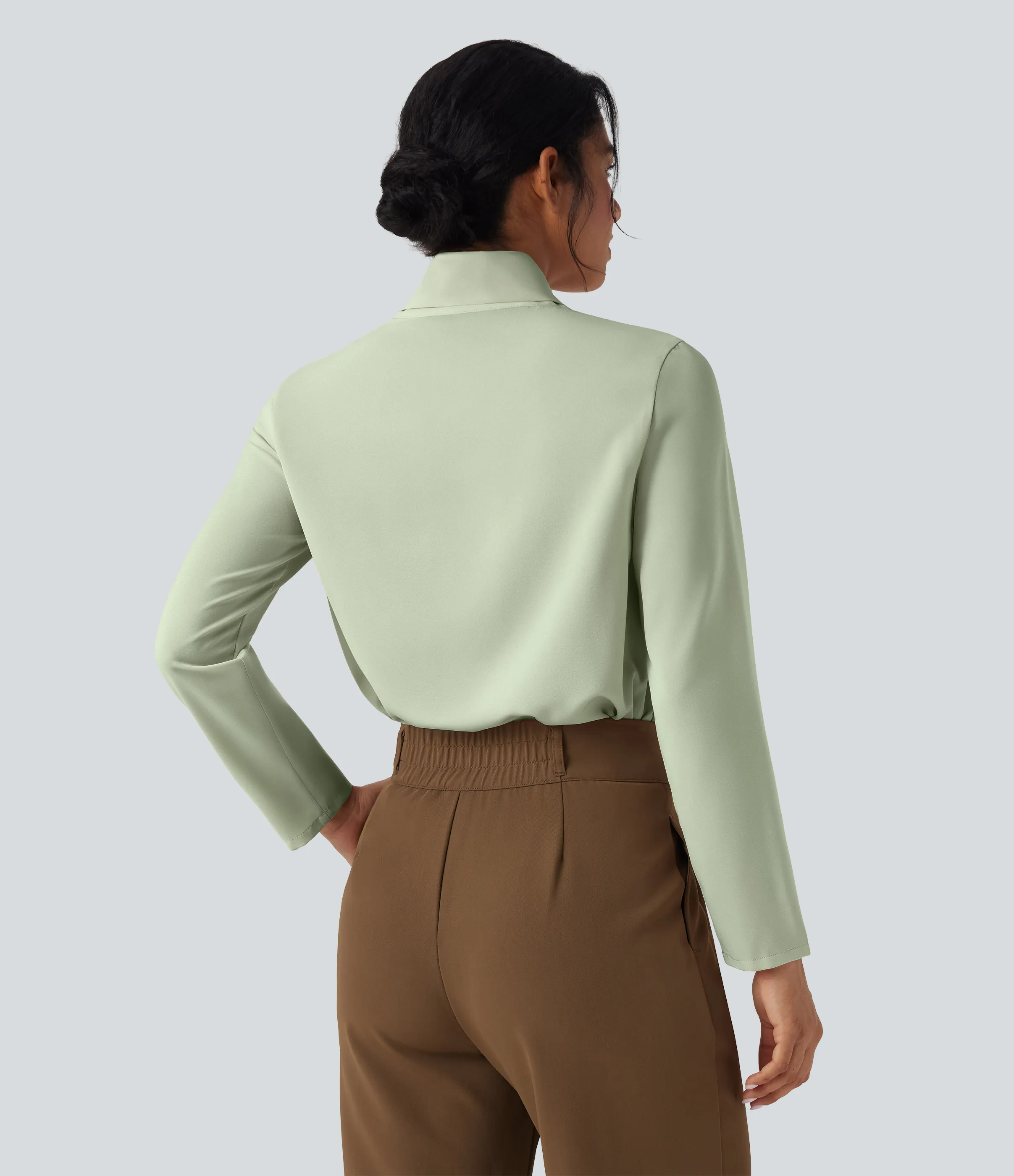 Halara Camisa de oficina de manga larga con cuello de bufanda antiarrugas - Fog Green - S sold by Halara product image thumbnail 3