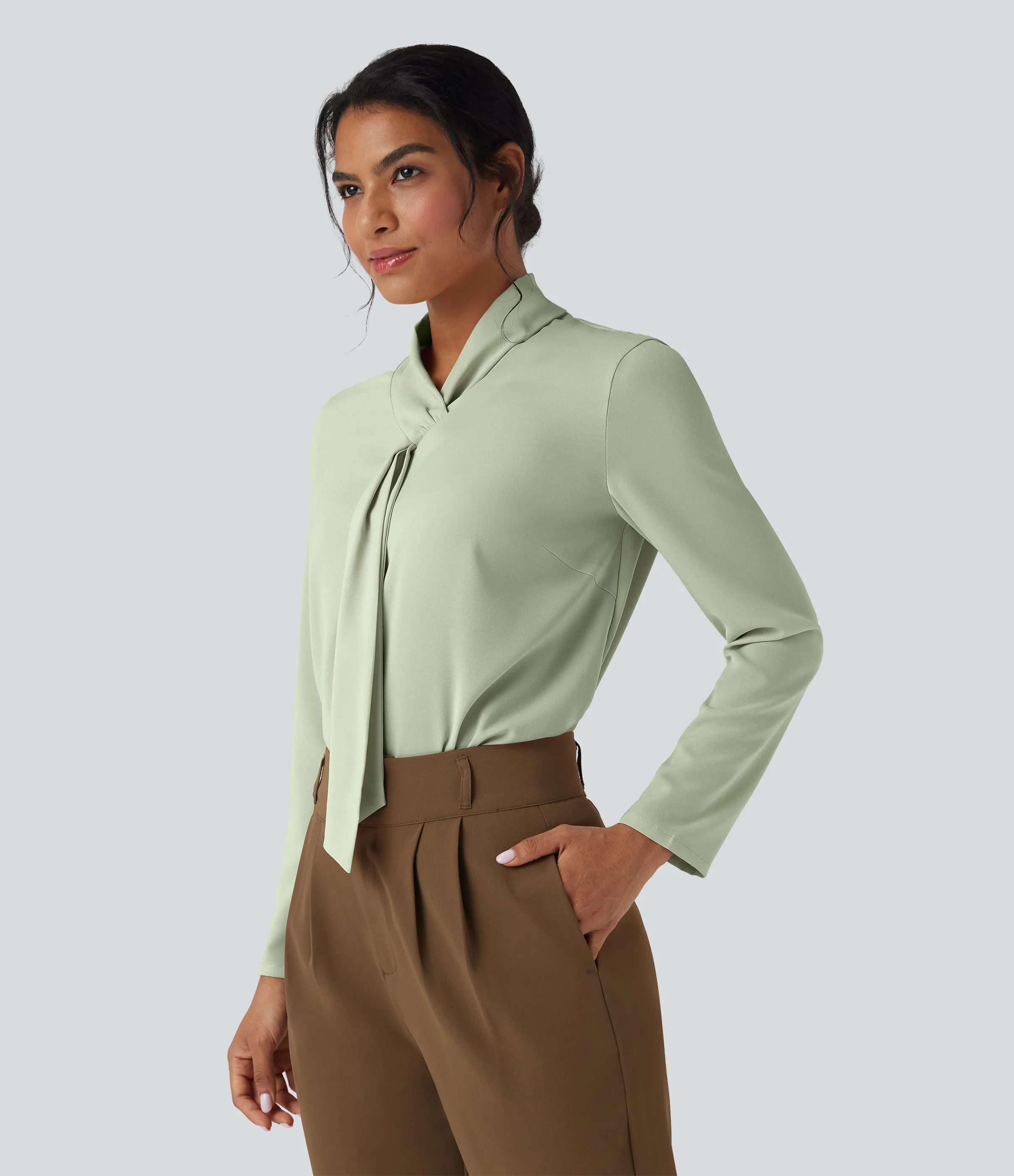 Halara Camisa de oficina de manga larga con cuello de bufanda antiarrugas - Fog Green - S sold by Halara product image thumbnail 4