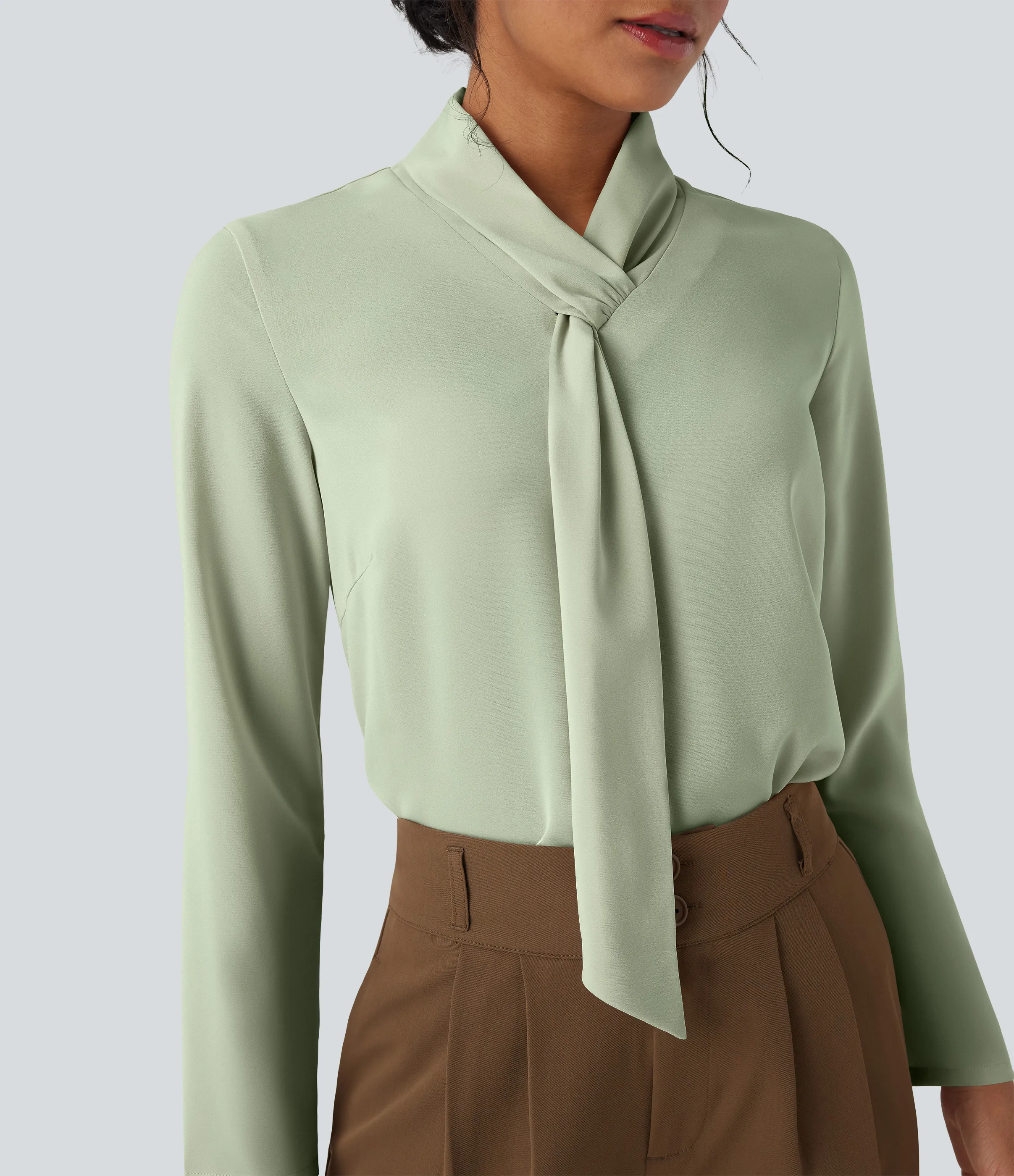 Halara Camisa de oficina de manga larga con cuello de bufanda antiarrugas - Fog Green - S sold by Halara product image thumbnail 5