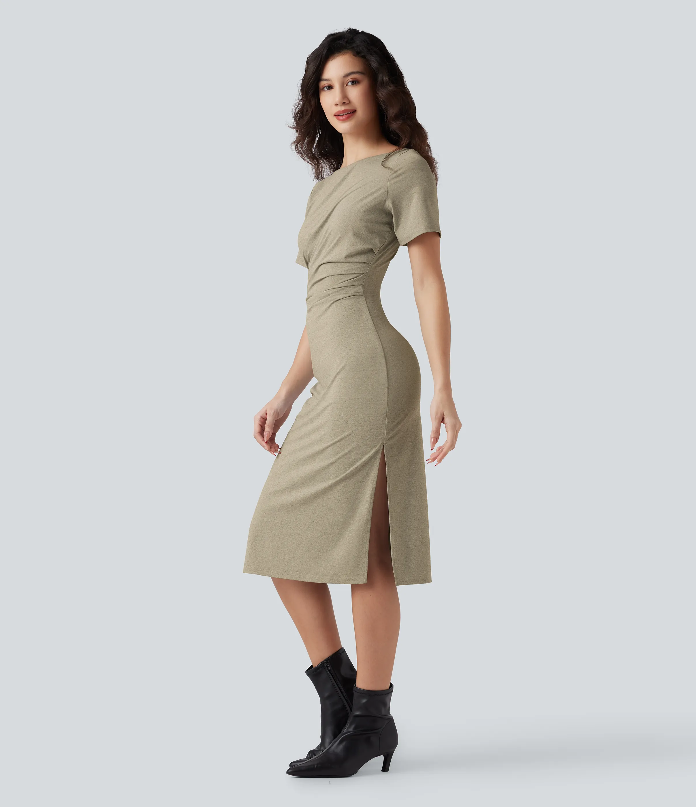 Halara Vestido de oficina midi de manga corta con fruncido - Weathered Teak - S sold by Halara product image thumbnail 4