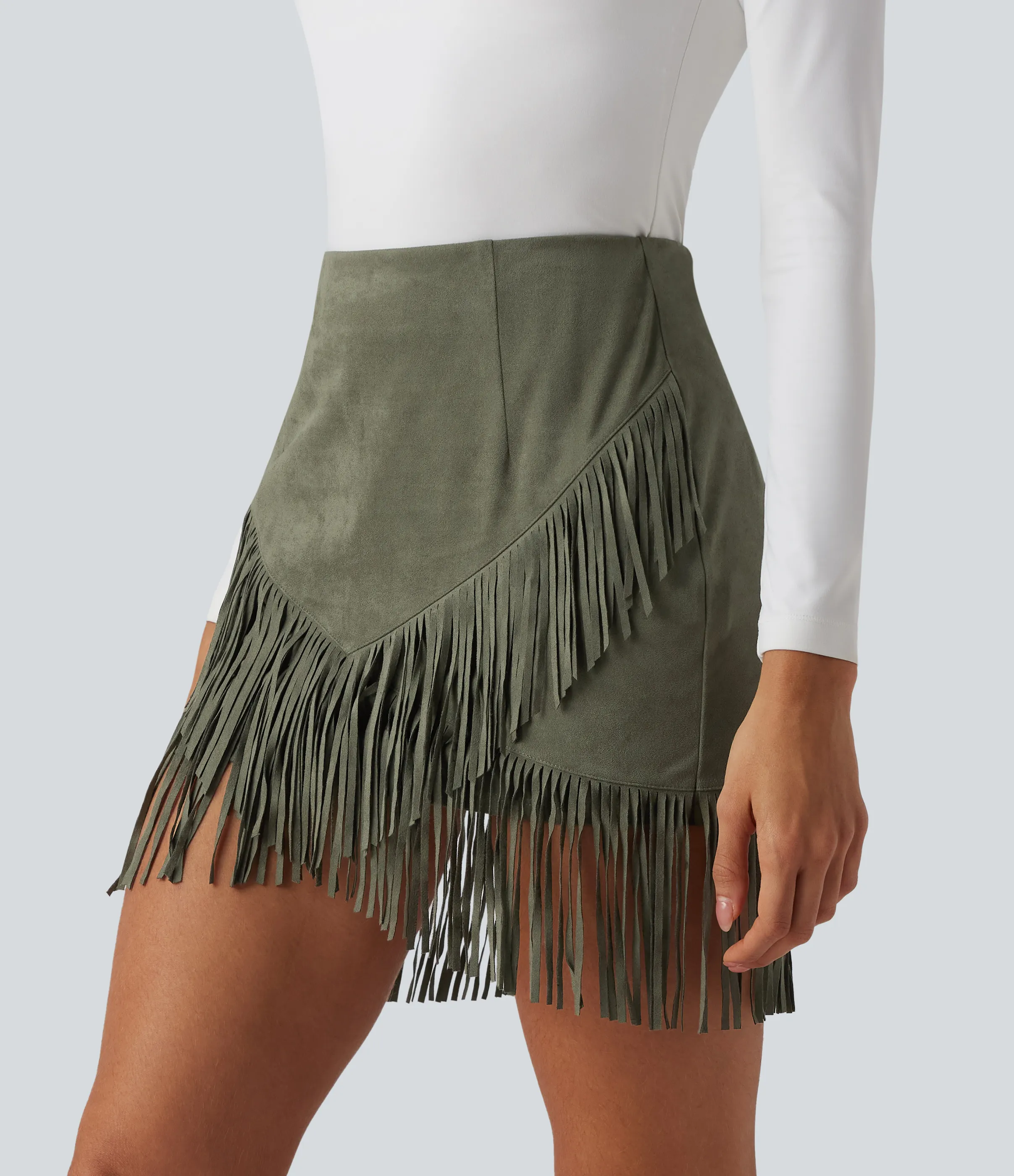 Halara Minifalda casual de ante ajustada 2 en 1 de tiro alto con dobladillo y flecos - Dusty Olive - L sold by Halara product image thumbnail 4