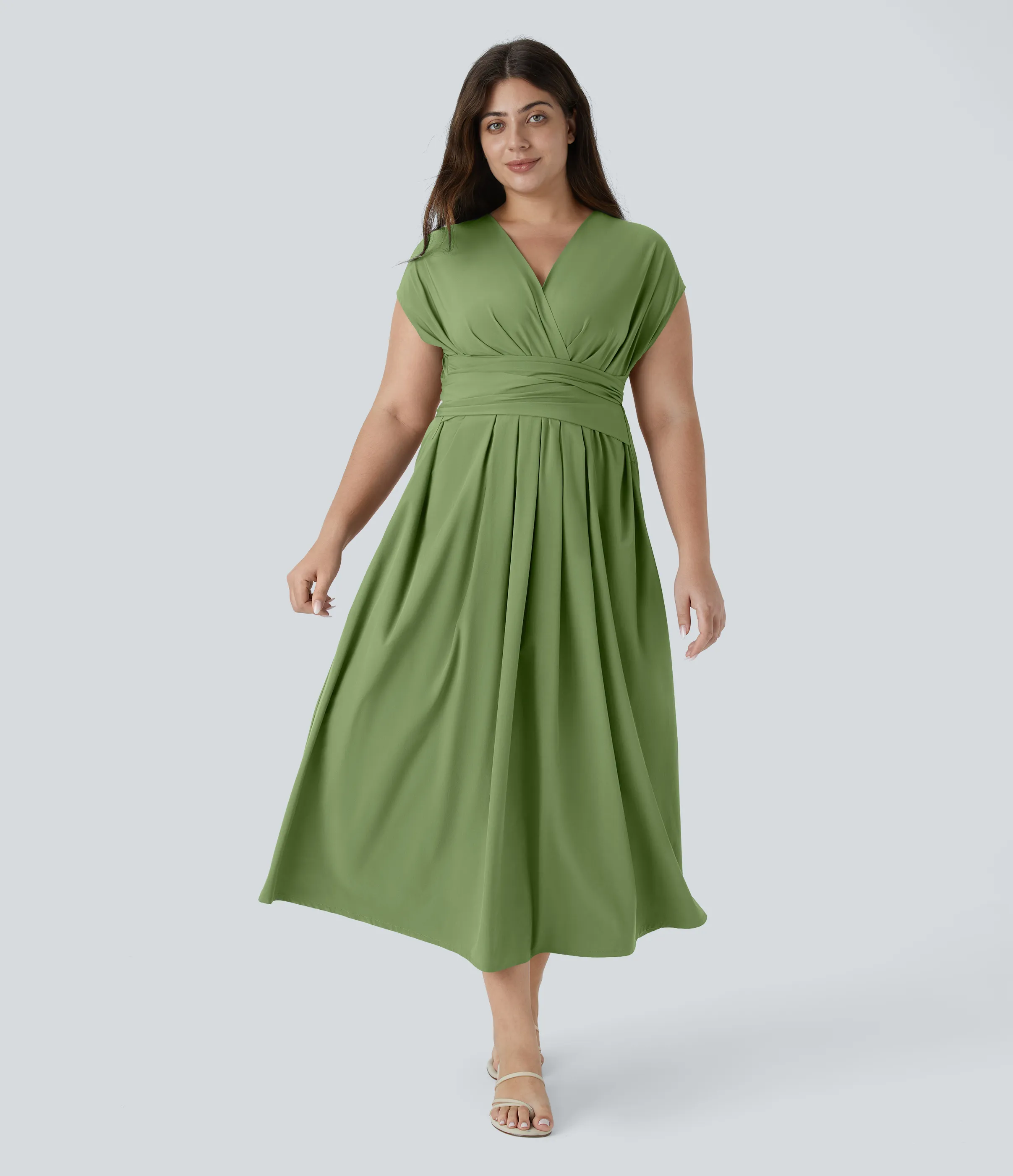 Halara Vestido midi Breezeful™ talla grande cuello V manga corta bolsillo lateral lazo espalda secado rápido - Hot Wasabi - Green - 2X sold by Halara product image thumbnail 4