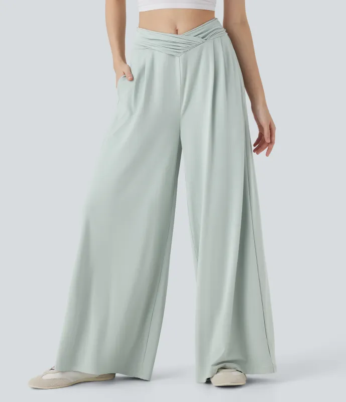 Halara Pantalones rectos casuales de tiro medio cruzado con fruncido y bolsillos laterales - Frost Clear Haze - L(regular) made by Halara