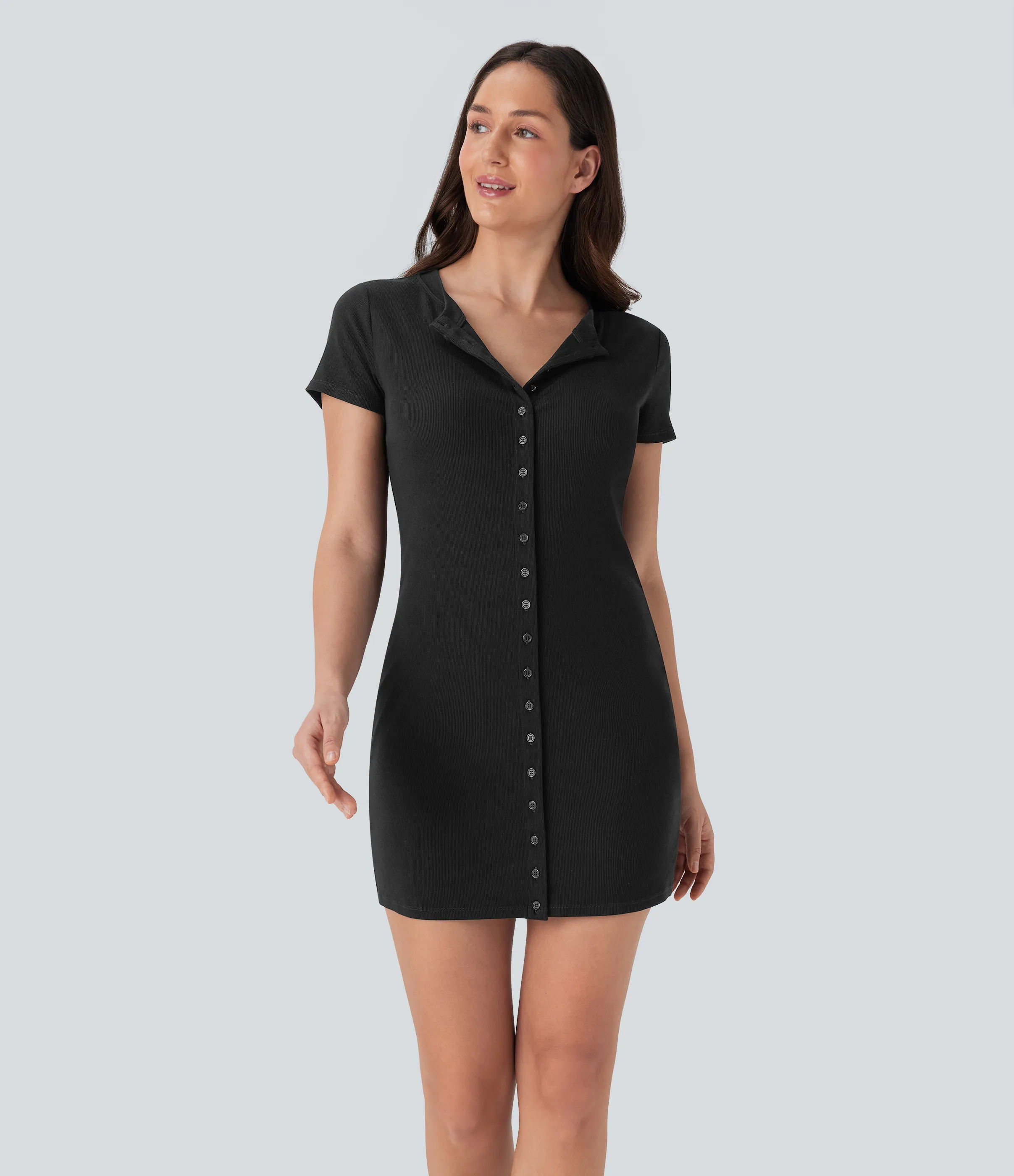Halara Vestido mini casual de punto acanalado con cuello redondo y botones - Black - XS sold by Halara product image thumbnail 2