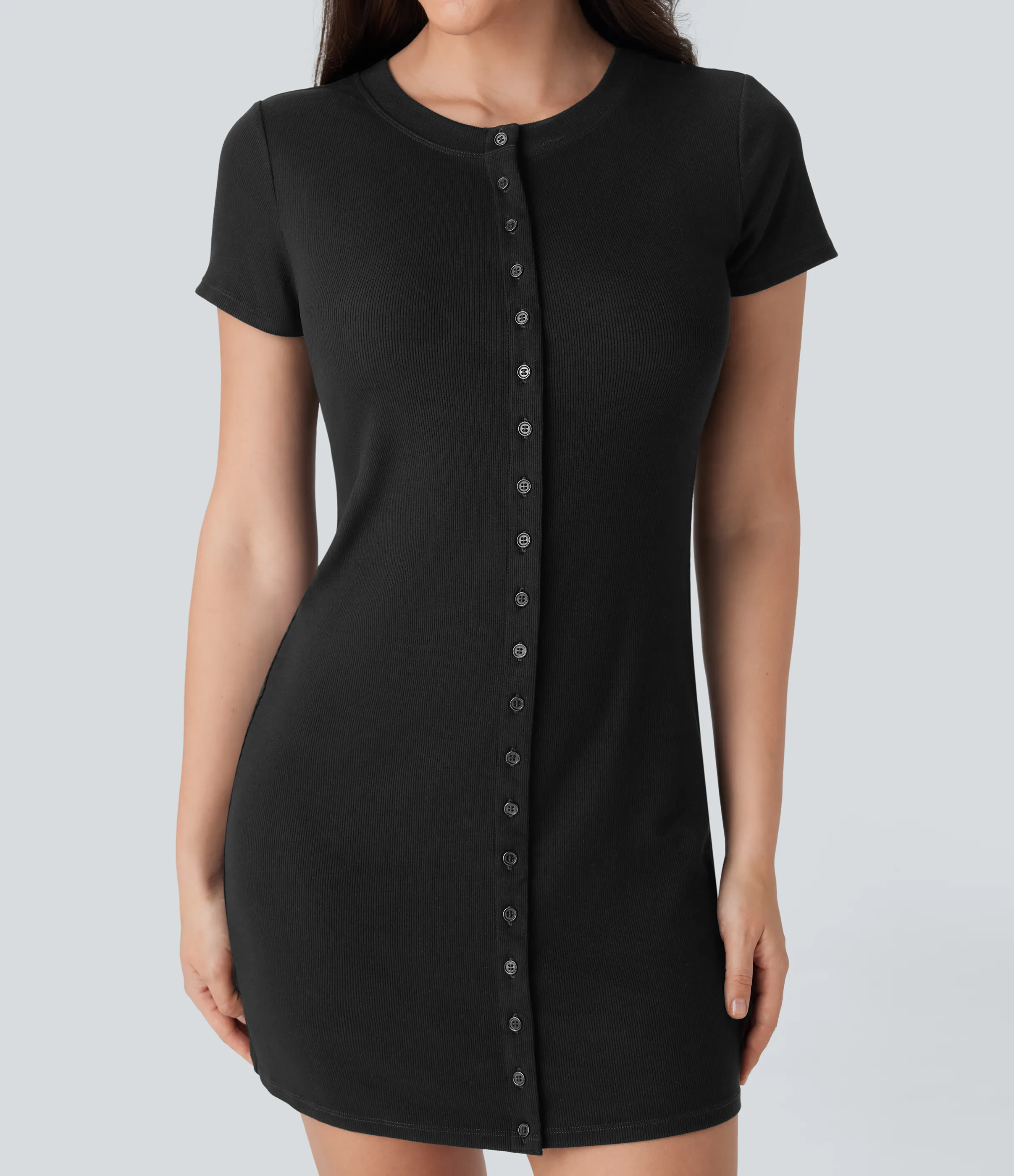 Halara Vestido mini casual de punto acanalado con cuello redondo y botones - Black - XS sold by Halara product image thumbnail 5