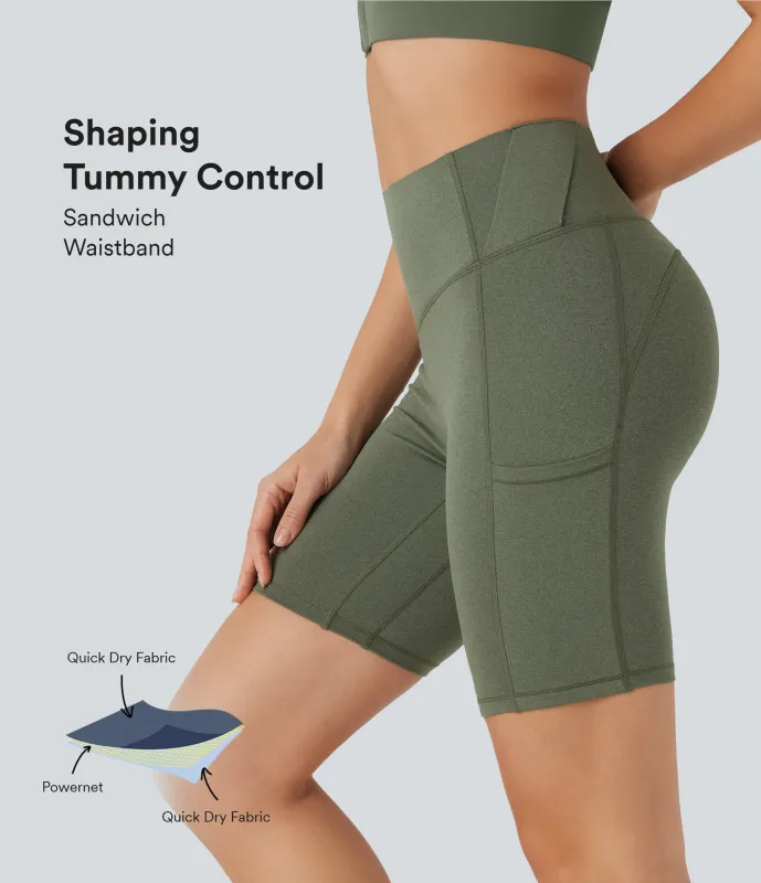 Halara Shorts de yoga biker de 18cm con tiro alto efecto moldeador de abdomen y bolsillos - Rifle Green Heather - XS made by Halara