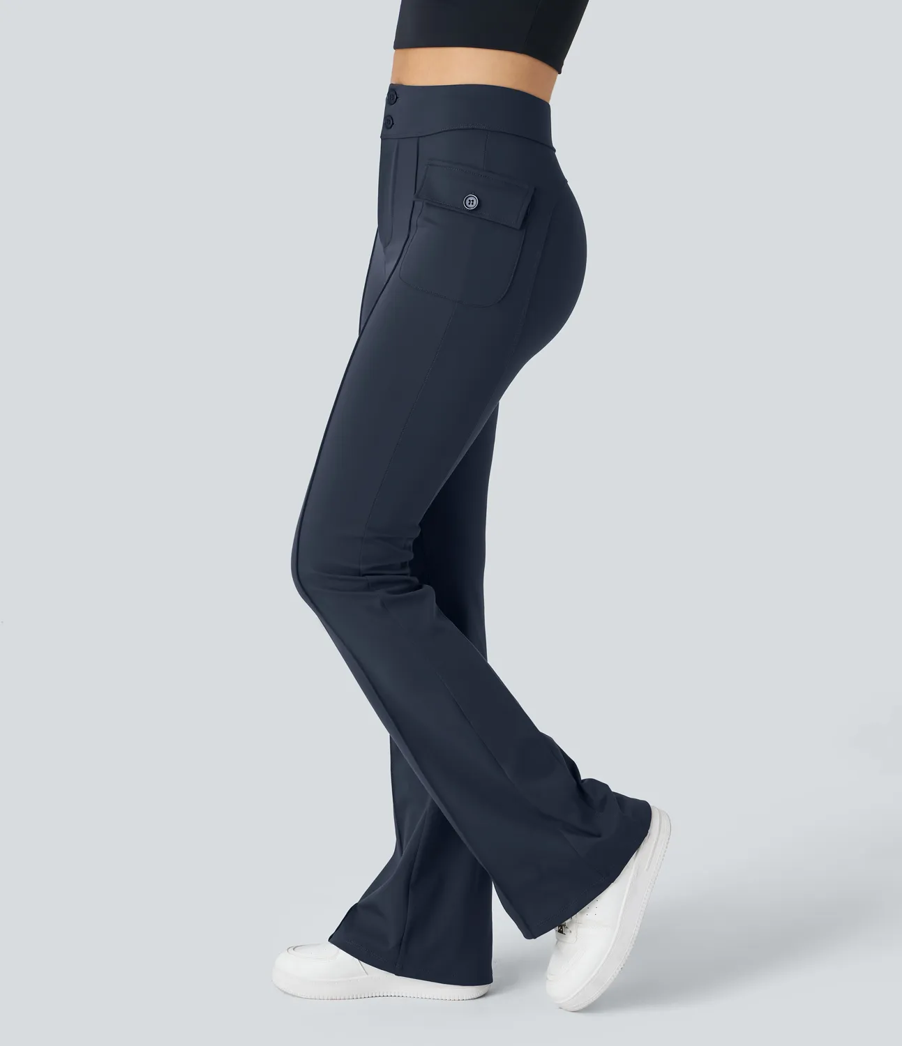 Halara Pantalón cargo acampanado bolsillo solapa lateral botón tiro alto - Midnight Blue - XS(tall) sold by Halara