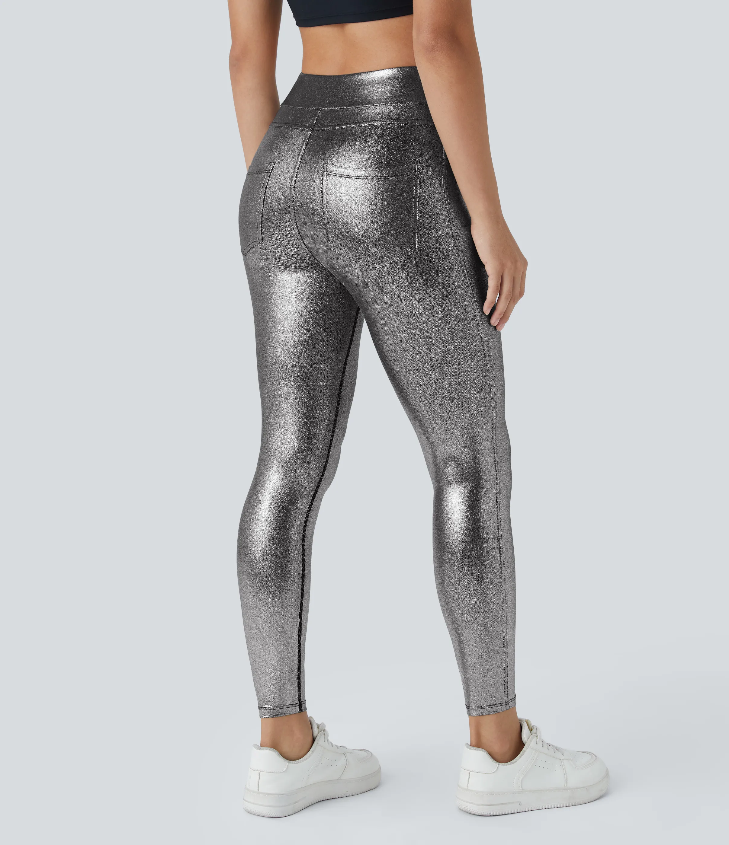 Halara Leggings oficina Softlyzero™ Faux Leather bolsillo lateral trasero tiro alto - Shiny Black Silver - M(7/8) sold by Halara product image thumbnail 3