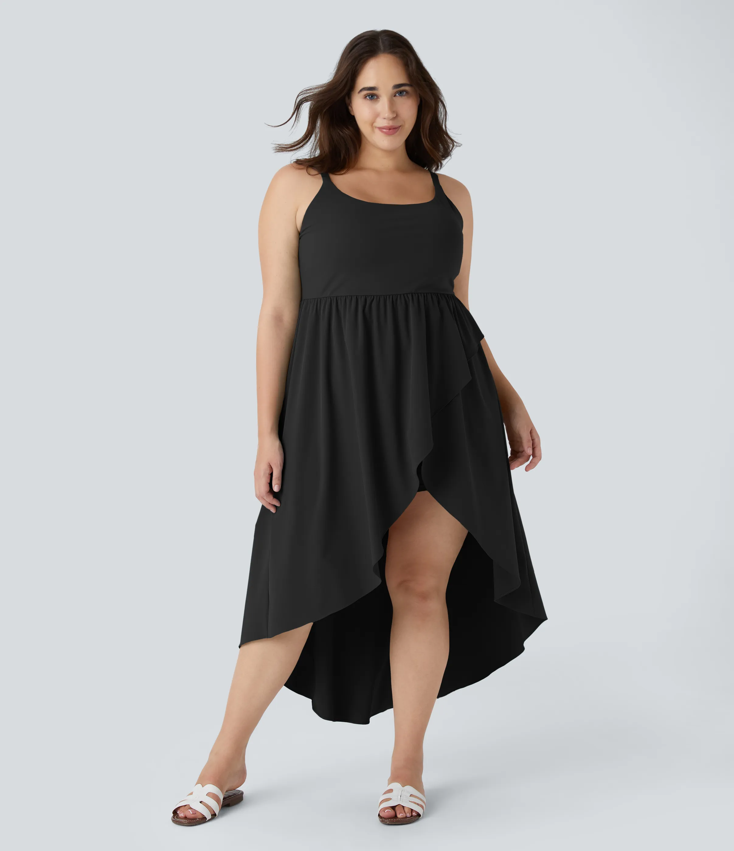 Halara Vestido midi Breezeful™ fluido secado rápido talla grande dobladillo cruzado asimétrico sin espalda 2 piezas bolsillo lateral - Black - 3X sold by Halara