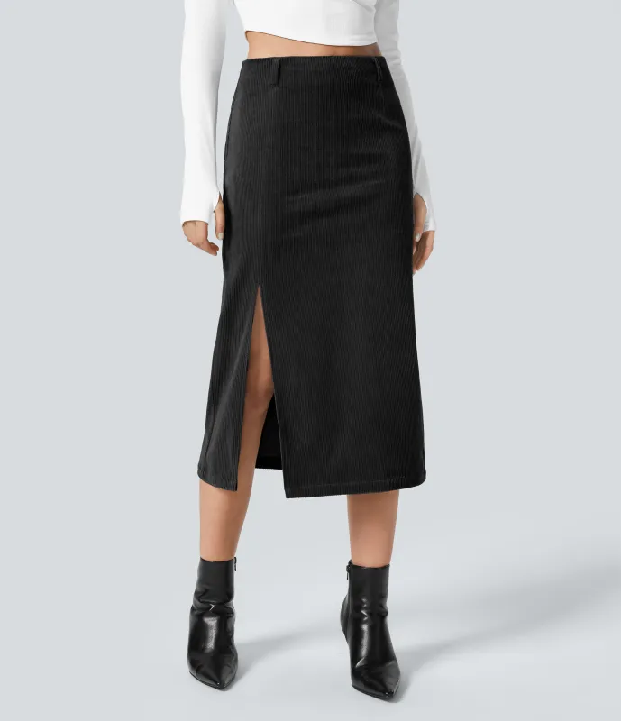 Halara Falda de pana midi con abertura y tiro alto con cremallera invisible - Black - L(regular) sold by Halara