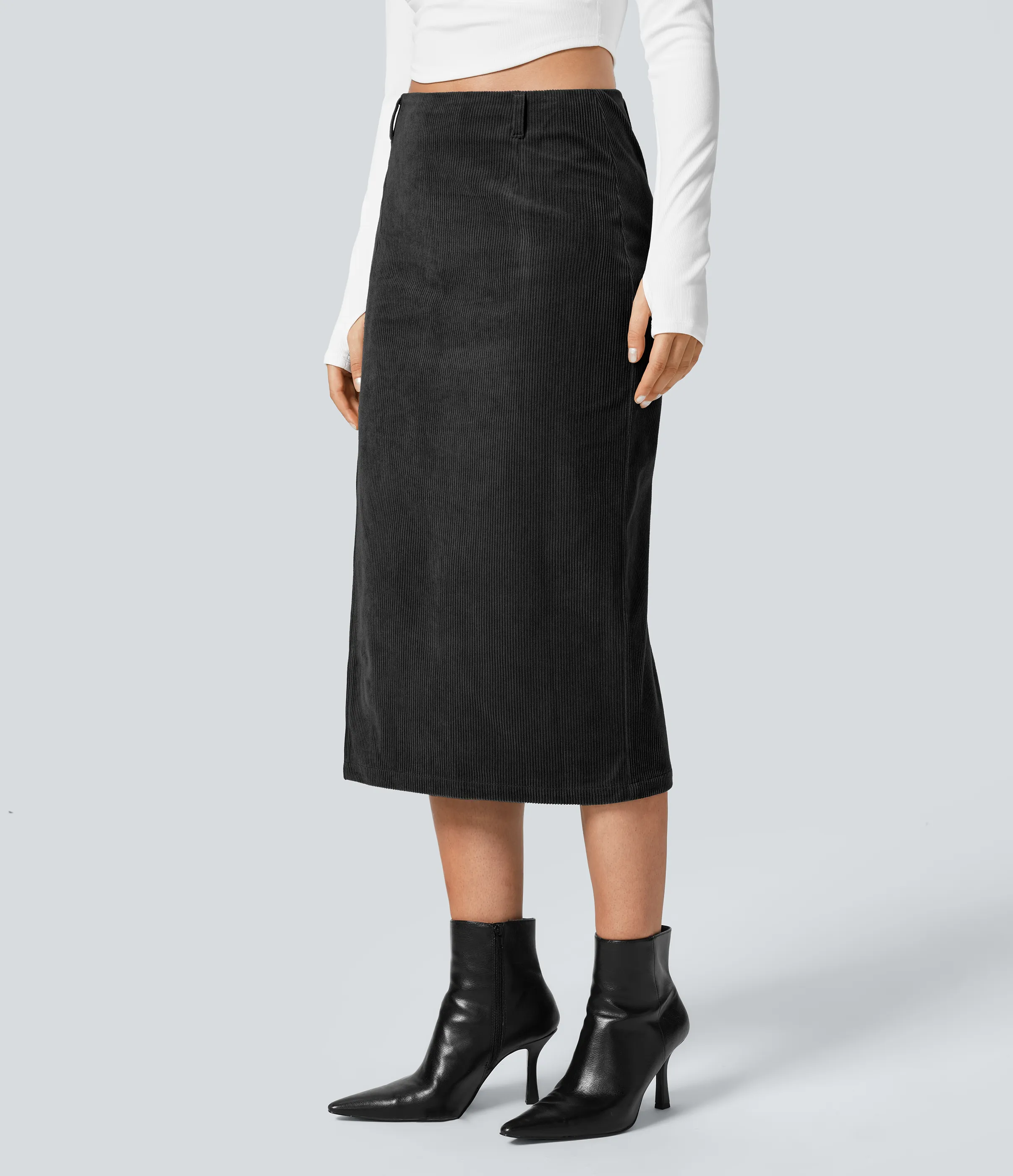 Halara Falda de pana midi con abertura y tiro alto con cremallera invisible - Black - L(regular) sold by Halara product image thumbnail 4