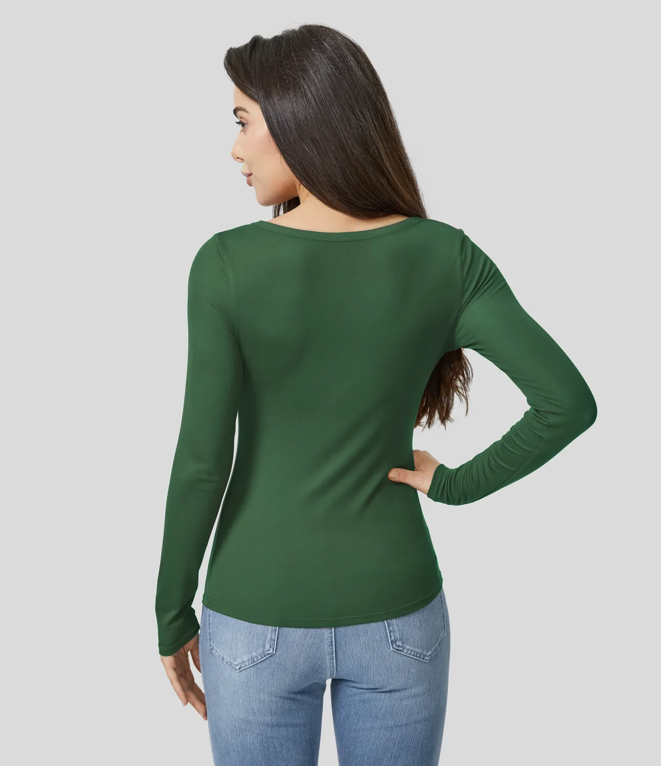Halara Top ajustado manga larga cuello Henley acanalado - Dark Verdant Green - L sold by Halara product image thumbnail 3