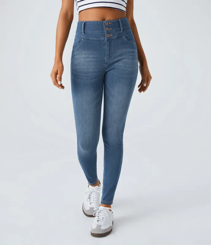 Halara Jeans Halara Flex™ Denim ajustado elástico múltiple bolsillo cremallera botones tiro alto - Washed Denim Bleached Blue - M(regular) sold by Halara