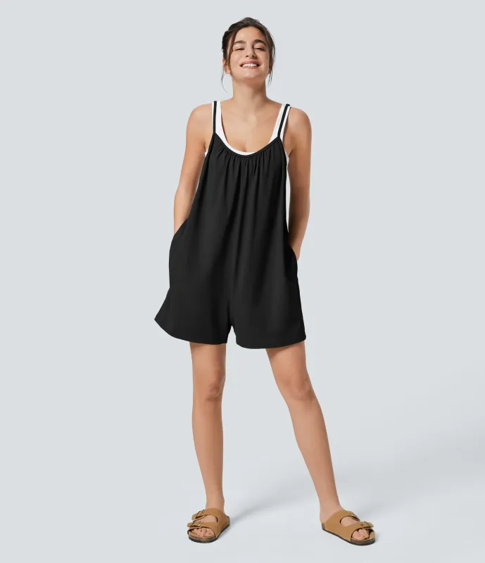 Halara Mono pierna ancha liso bolsillo lateral plisado correa ajustable espagueti - Tap Shoe - XS(regular) sold by Halara