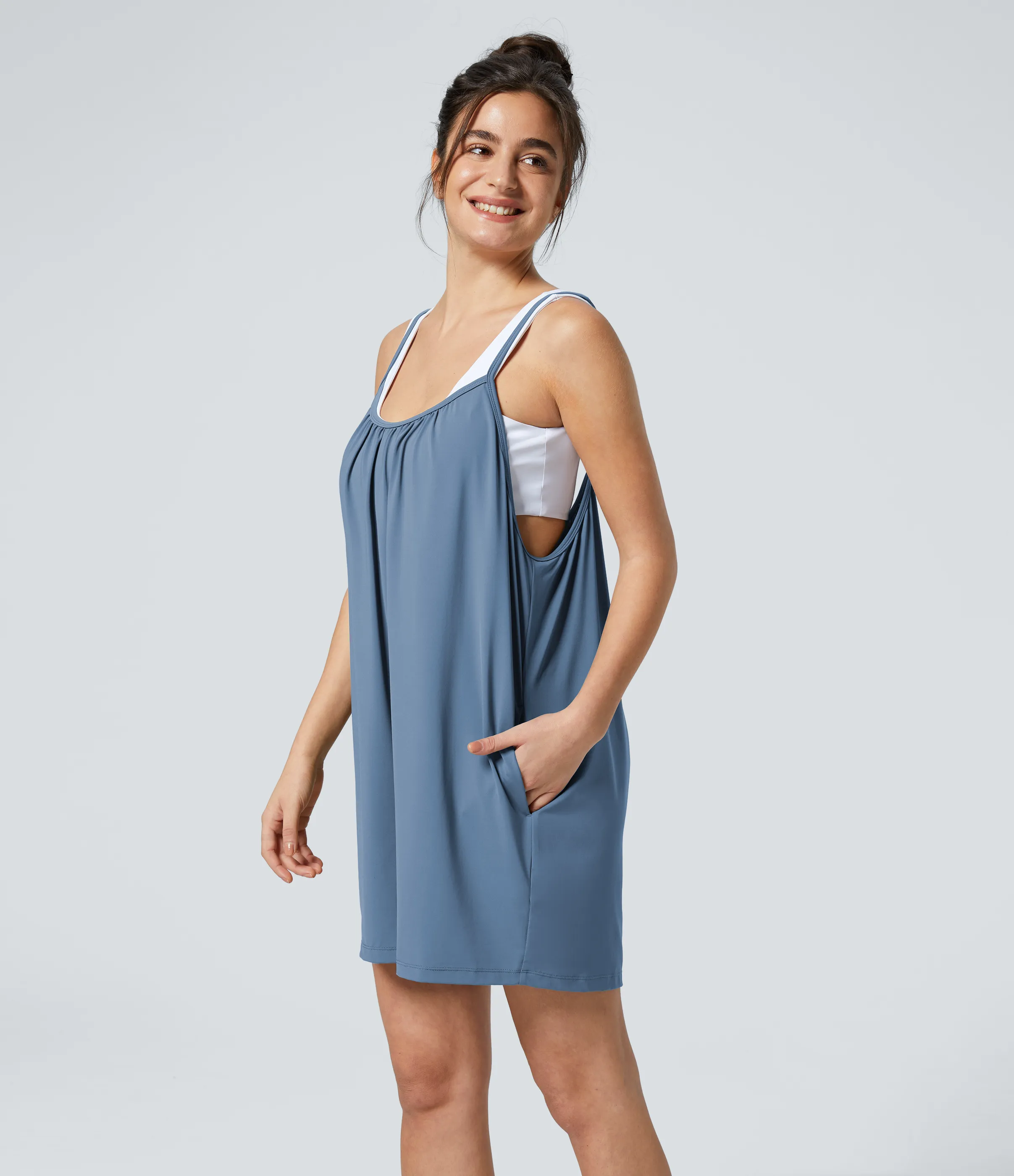 Halara Mono pierna ancha liso bolsillo lateral plisado correa ajustable espagueti - Deep Ocean Blue - XS(regular) sold by Halara product image thumbnail 5