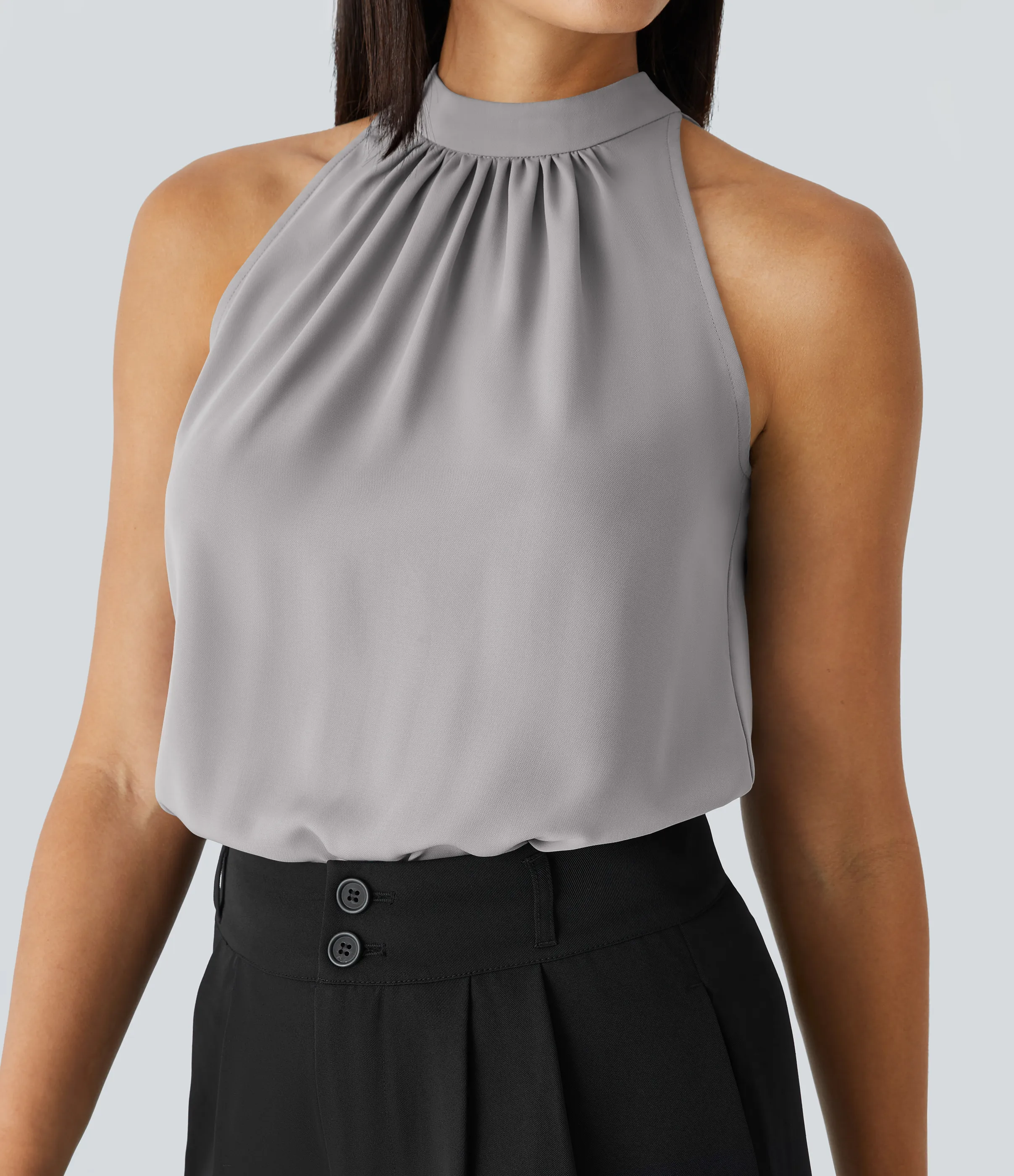 Halara Blusa oficina dobladillo curvado sin manga plisada abertura espalda halter - Sandalwood Grey - XS sold by Halara product image thumbnail 5