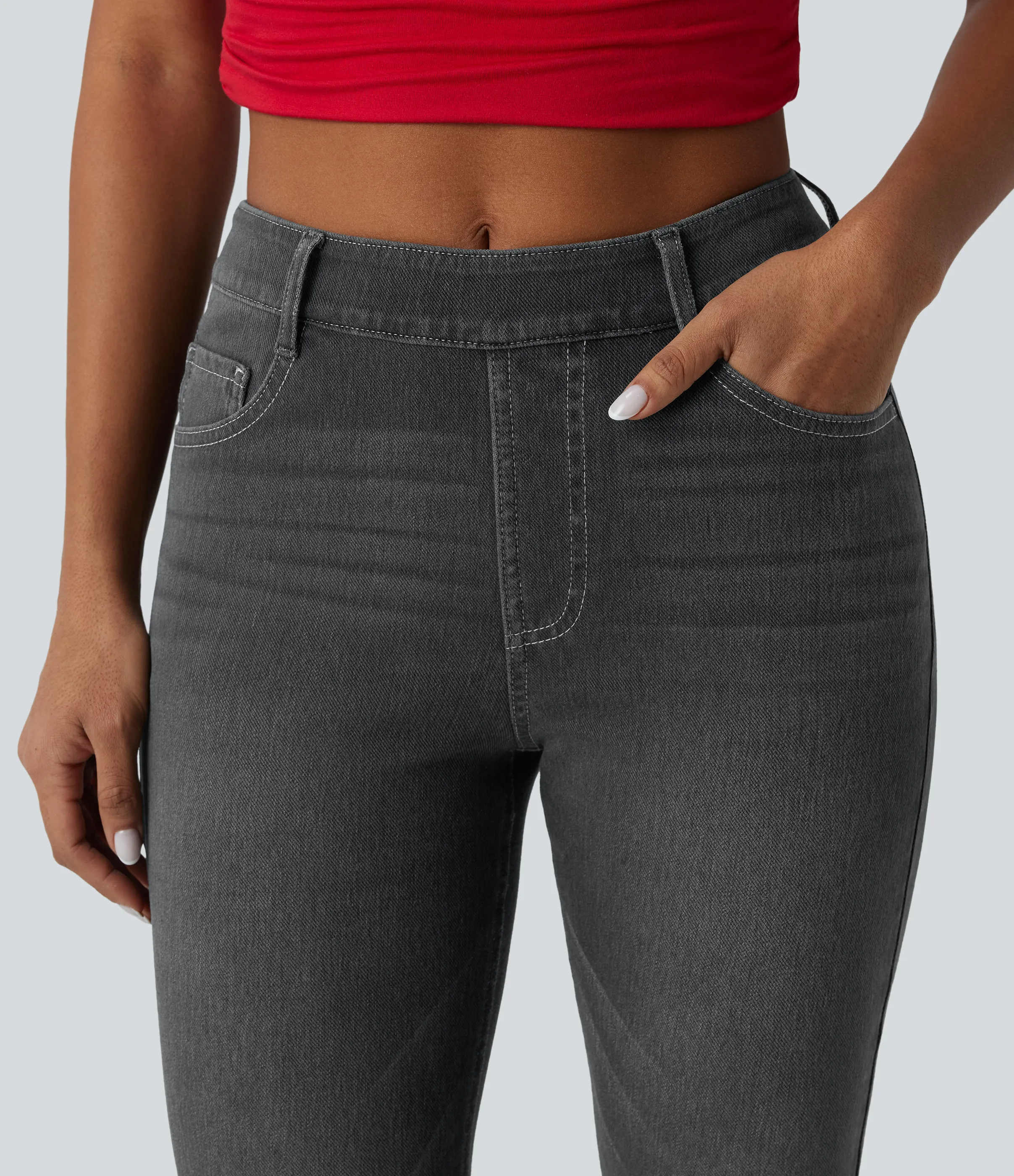 Halara Jeans Halara Flex™ Denim en corte de bota elásticos de tiro alto descoloridos con múltiples bolsillos - Iron Gate Denim - S(regular) sold by Halara product image thumbnail 5