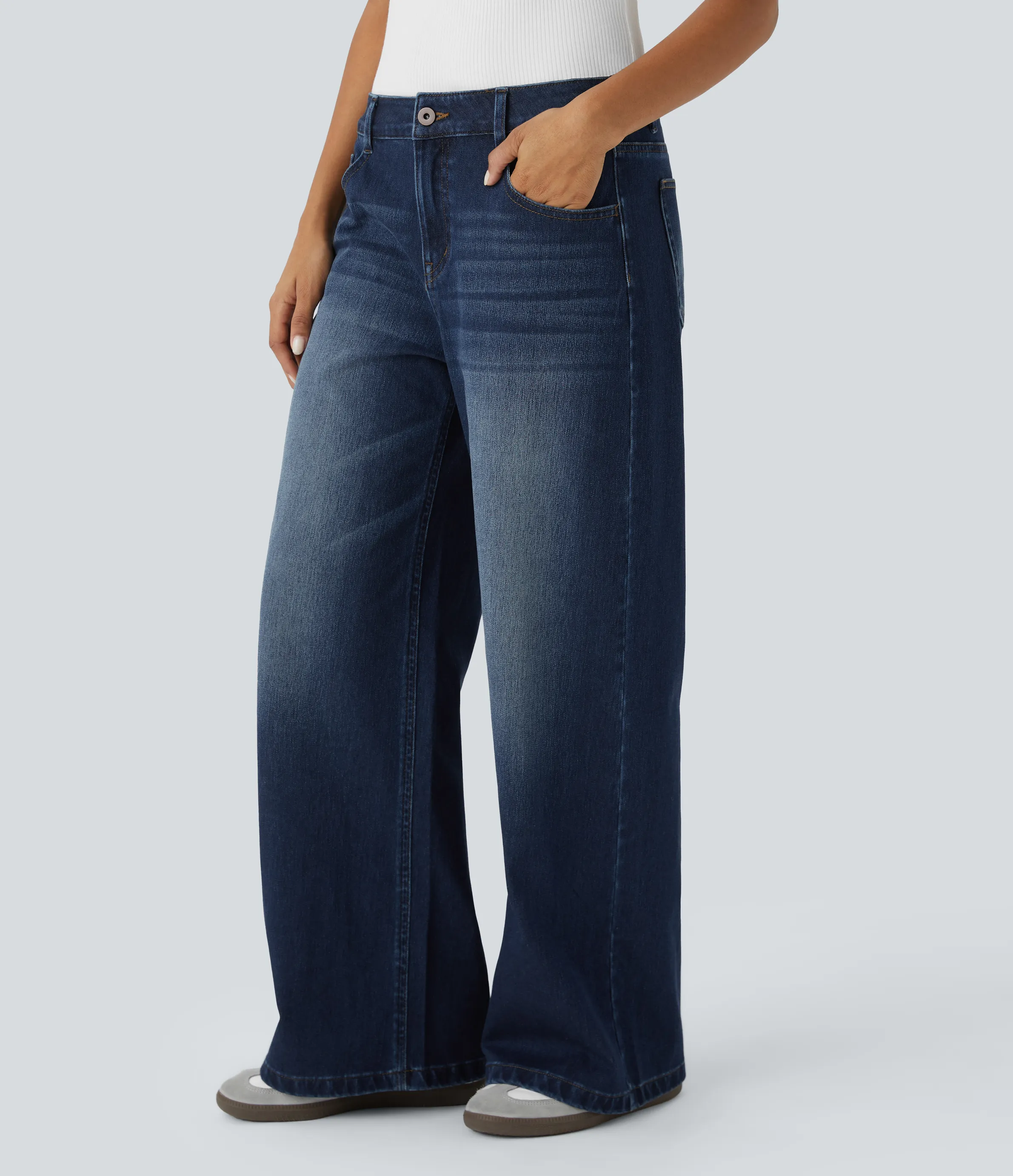 Halara Jeans Baggy Halara Flex™ Denim tiro bajo botón cremallera múltiple bolsillo elástico lavado holgado pierna ancha - Distressed Denim Dark Blue - S(tall) sold by Halara product image thumbnail 4