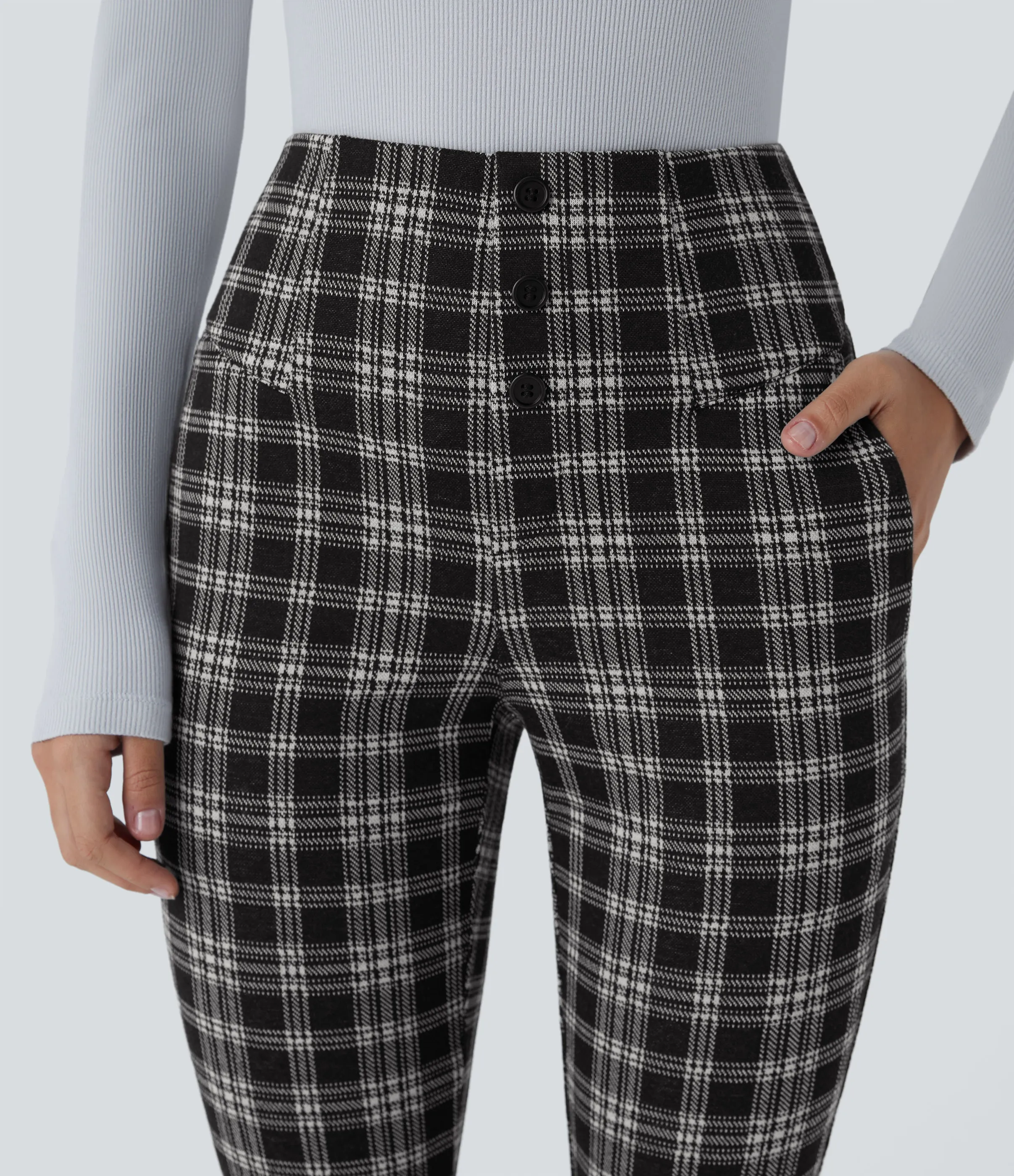 Halara Pantalón Halara Flex™ oficina ajustado pata gallo bolsillo lateral botón decorativo tiro alto - Black Tartan Plaid - L(regular) sold by Halara product image thumbnail 5