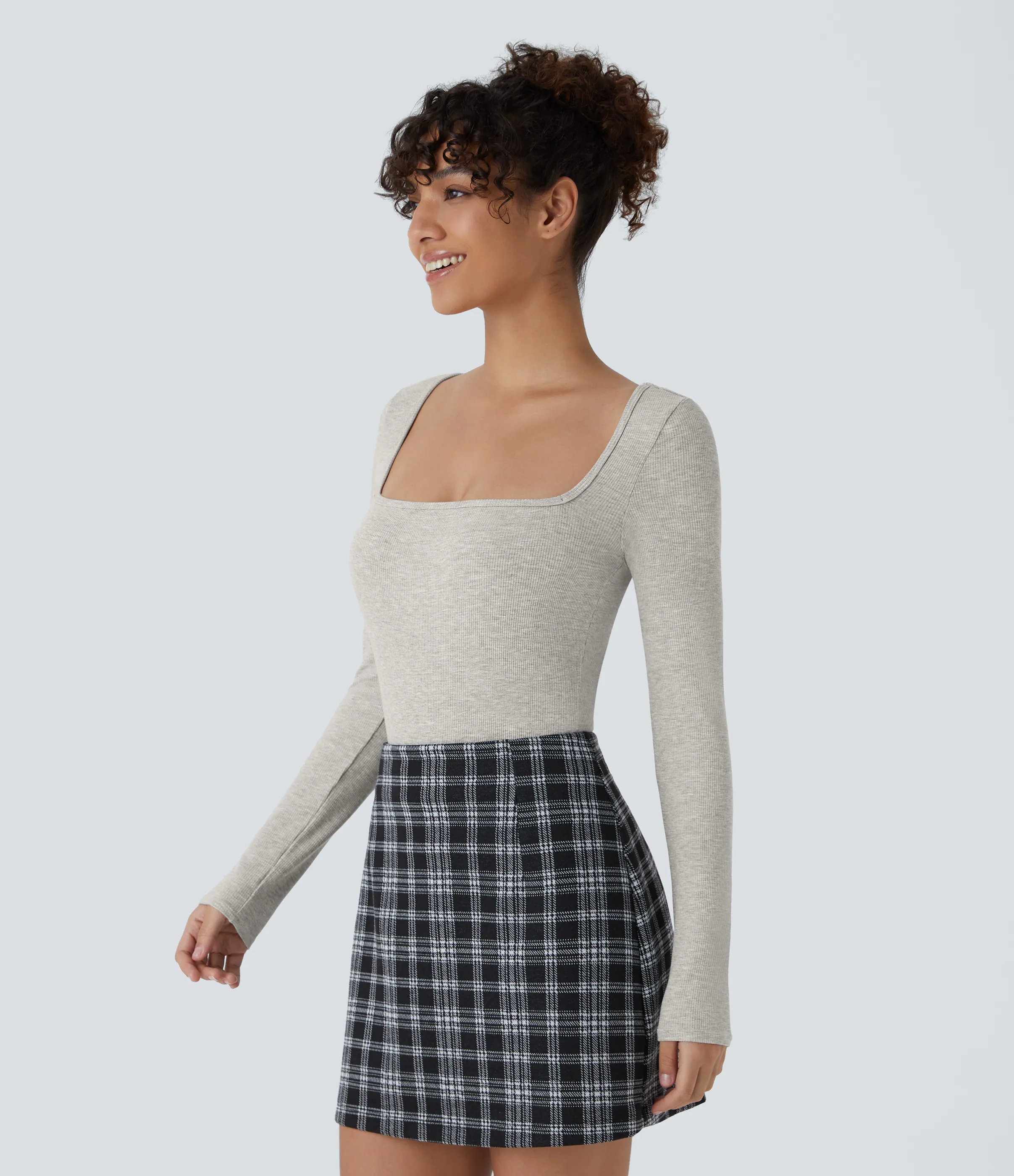 Halara Body oficina ajustado botón manga larga cuello cuadrado acanalado - Fog Gray - L sold by Halara product image thumbnail 5