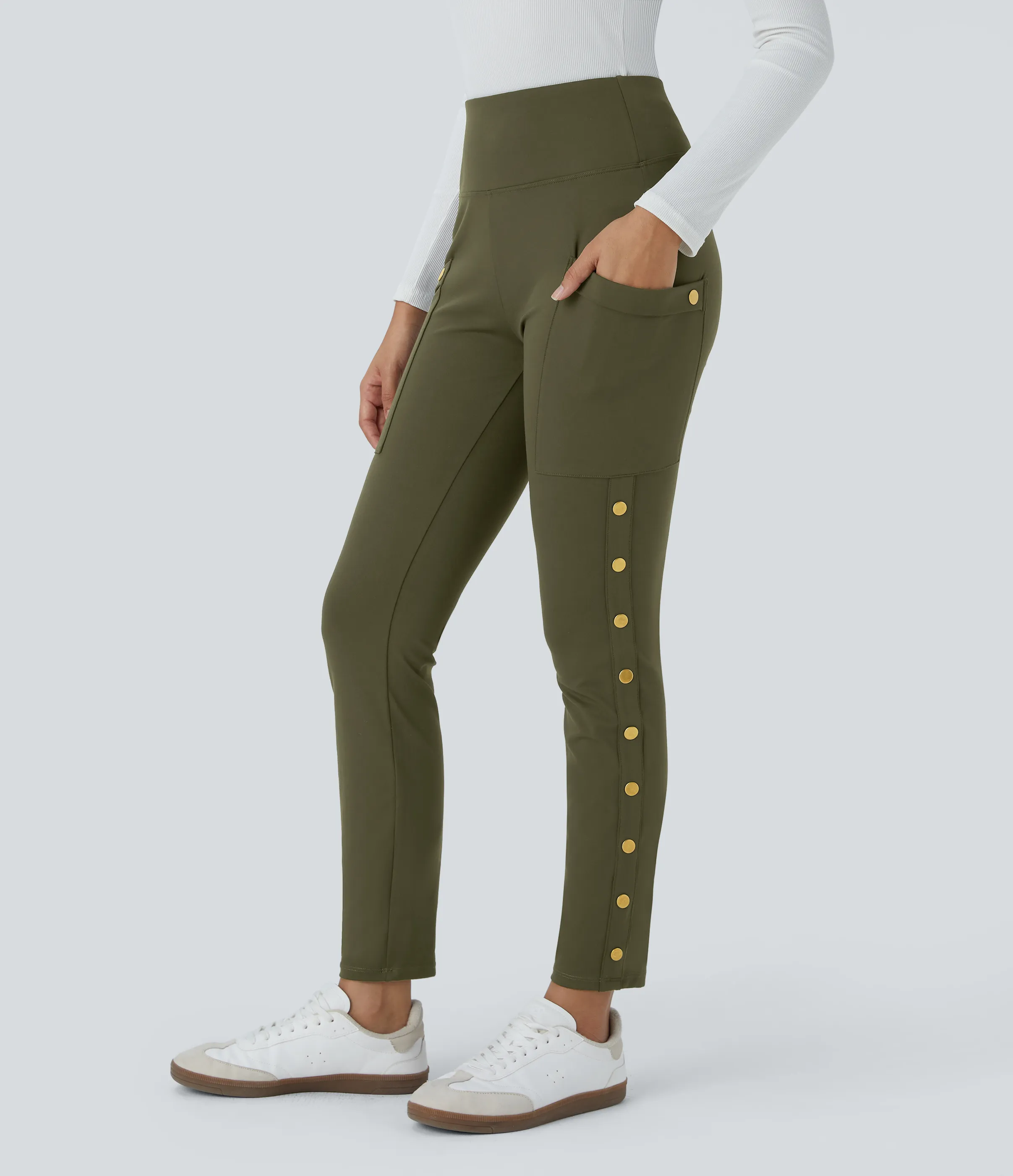 Halara Pantalón ajustado hasta tobillo bolsillo lateral botón decorativo tiro alto - Forest Night - S(regular) sold by Halara product image thumbnail 4
