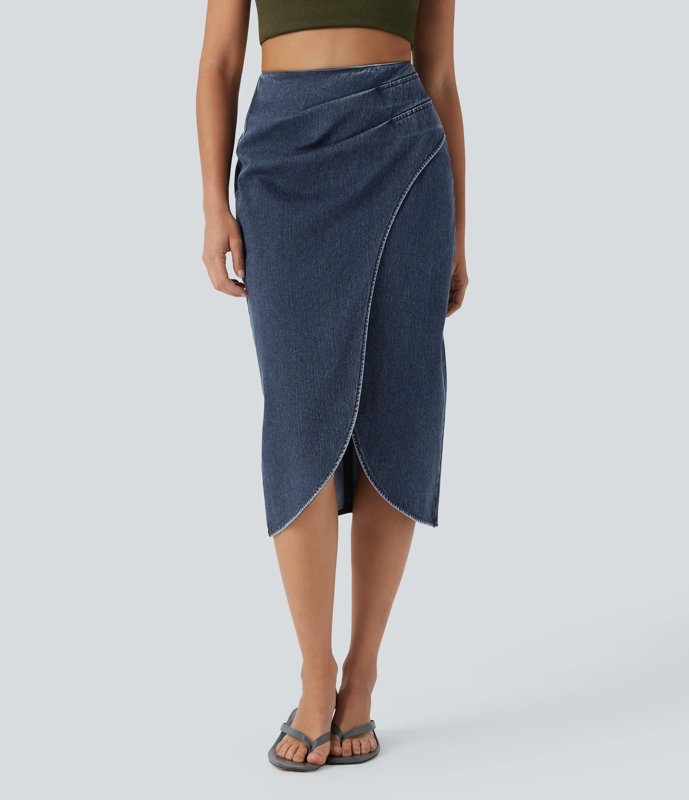 Halara Falda Midi Halara Flex™ Denim elástico lavado media pierna dobladillo fruncido cremallera espalda tiro alto - Inkling Blue Denim - XL(regular) sold by Halara