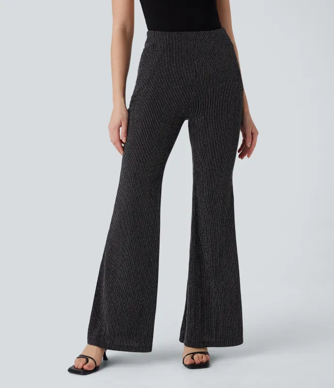 Halara Pantalón acampanado tiro alto bolsillo lateral cremallera raya metálica - Black White Starlight Stripe - XS(regular) sold by Halara