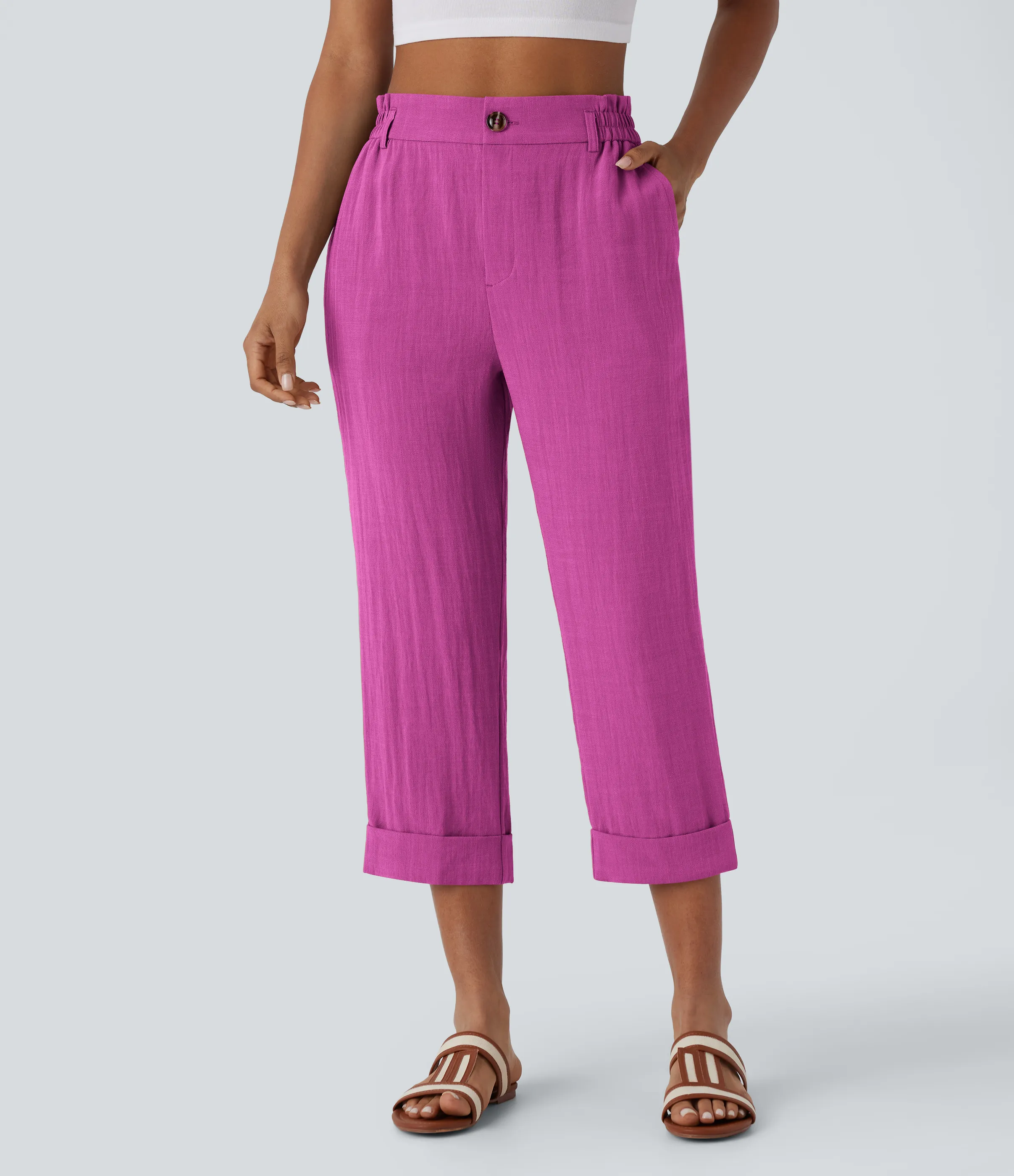 Halara Pantalón capri lino tiro alto bolsillo lateral cremallera botón - Rose Violet - S(regular) sold by Halara product image thumbnail 4