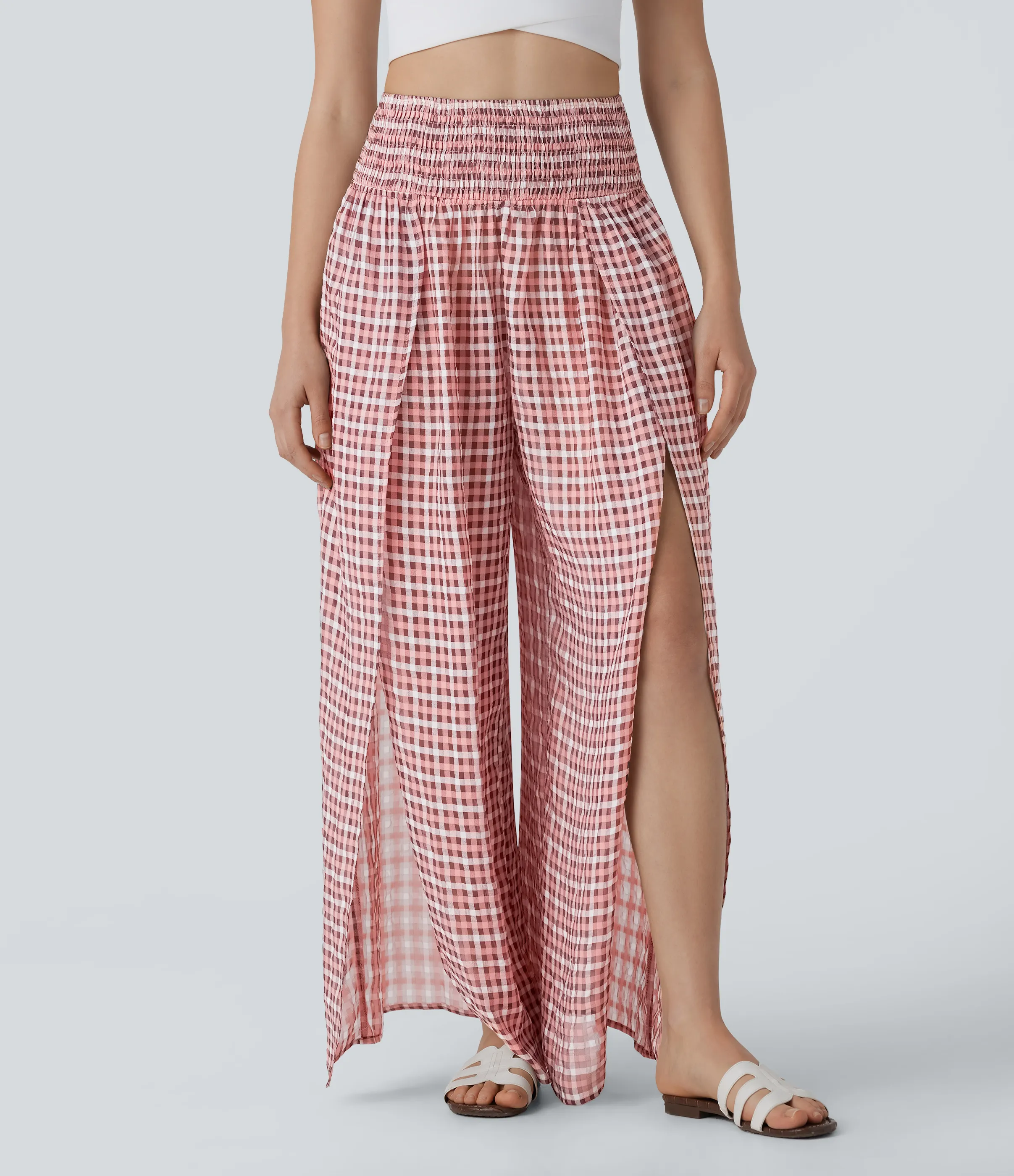 Halara Pantalones anchos y holgados de tiro alto a cuadros con abertura - Pink White Gradient Plaid - XL(regular) sold by Halara