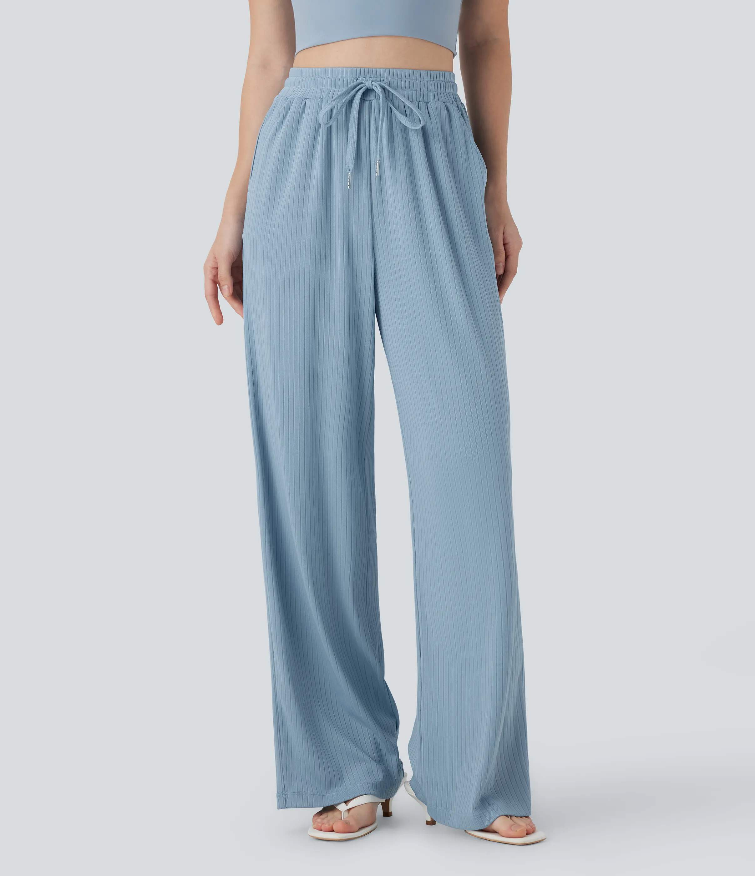 Halara Pantalones rectos casuales de punto acanalado con tiro alto y cordón ajustable y bolsillos laterales - Mountain Spring - XS(regular) sold by Halara