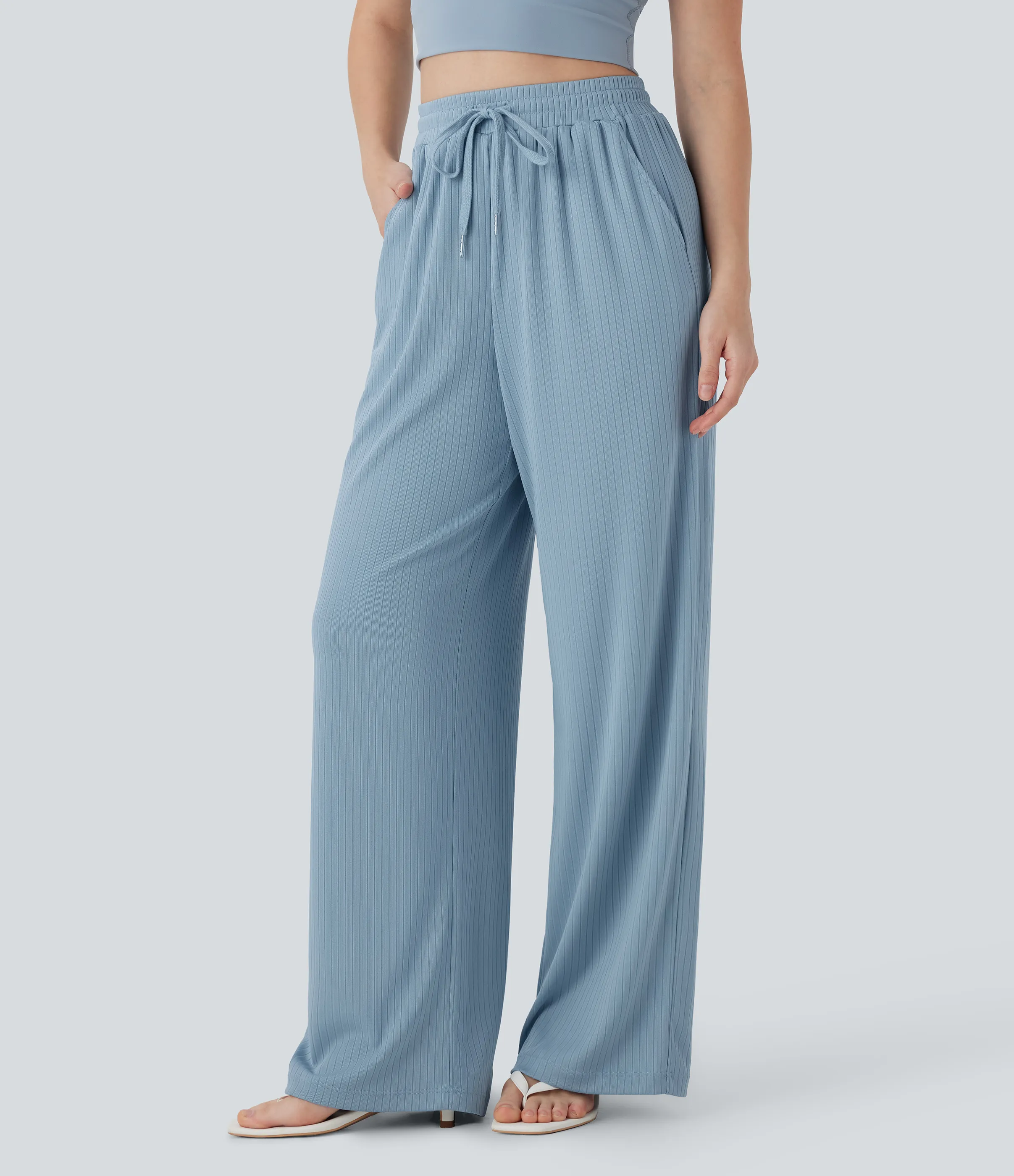 Halara Pantalones rectos casuales de punto acanalado con tiro alto y cordón ajustable y bolsillos laterales - Mountain Spring - XS(regular) sold by Halara product image thumbnail 4