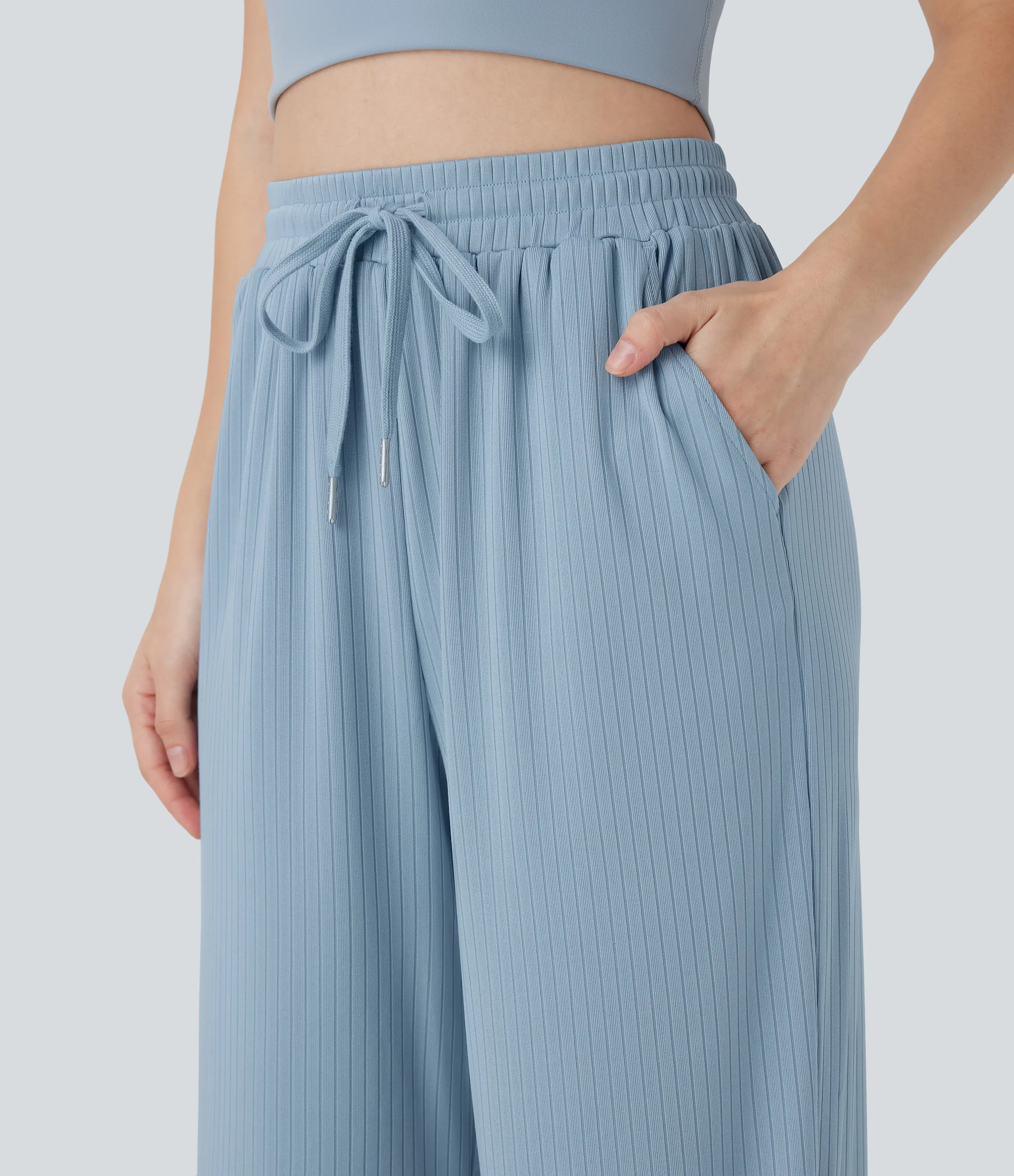 Halara Pantalones rectos casuales de punto acanalado con tiro alto y cordón ajustable y bolsillos laterales - Mountain Spring - XS(regular) sold by Halara product image thumbnail 5